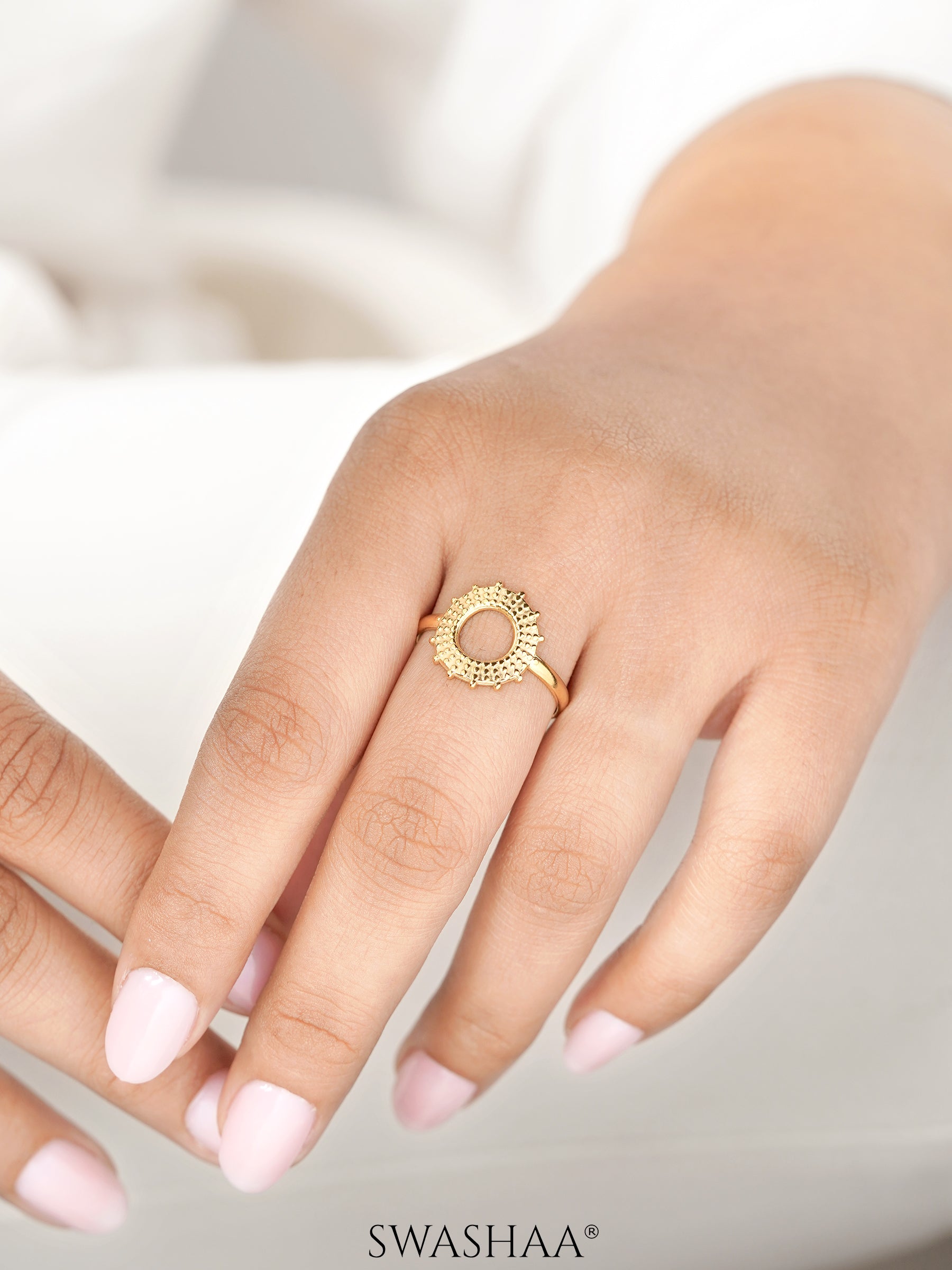 Astrid Textured Circular Sunburst Frame 18K Gold Plated Ring
