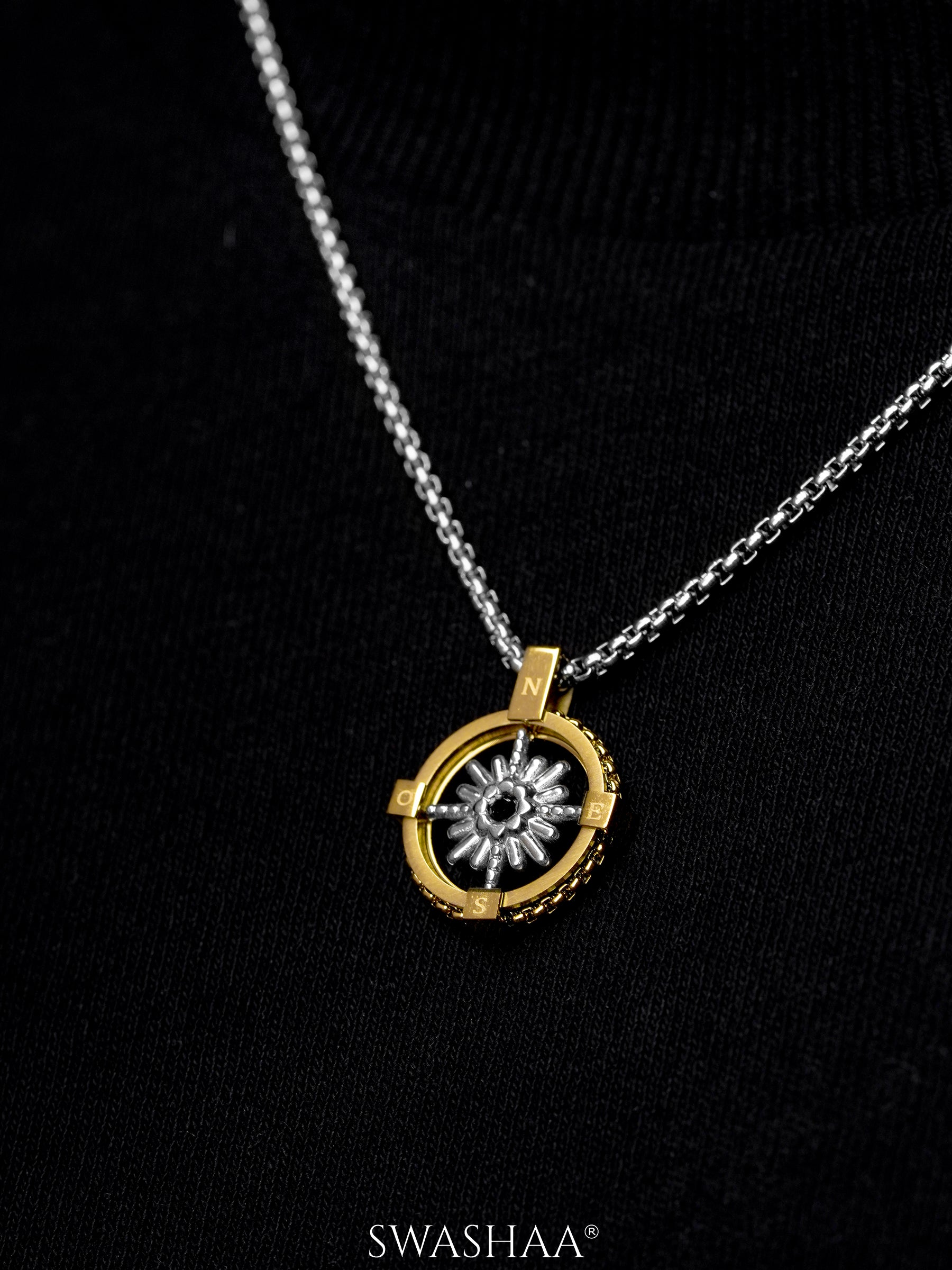 Atlas Circuit Two Tone Compass Silver Men's Chain Pendant