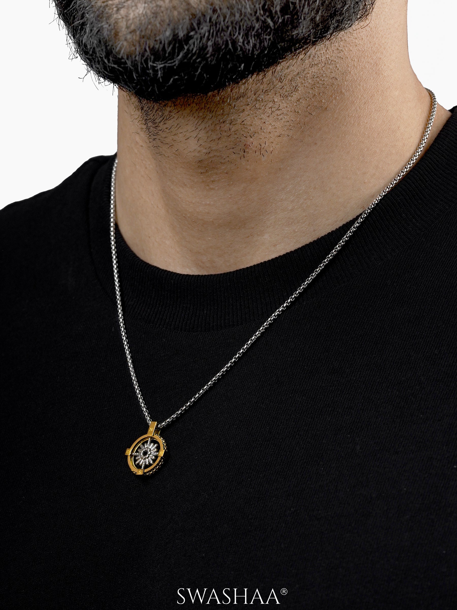 Atlas Circuit Two Tone Compass Silver Men's Chain Pendant