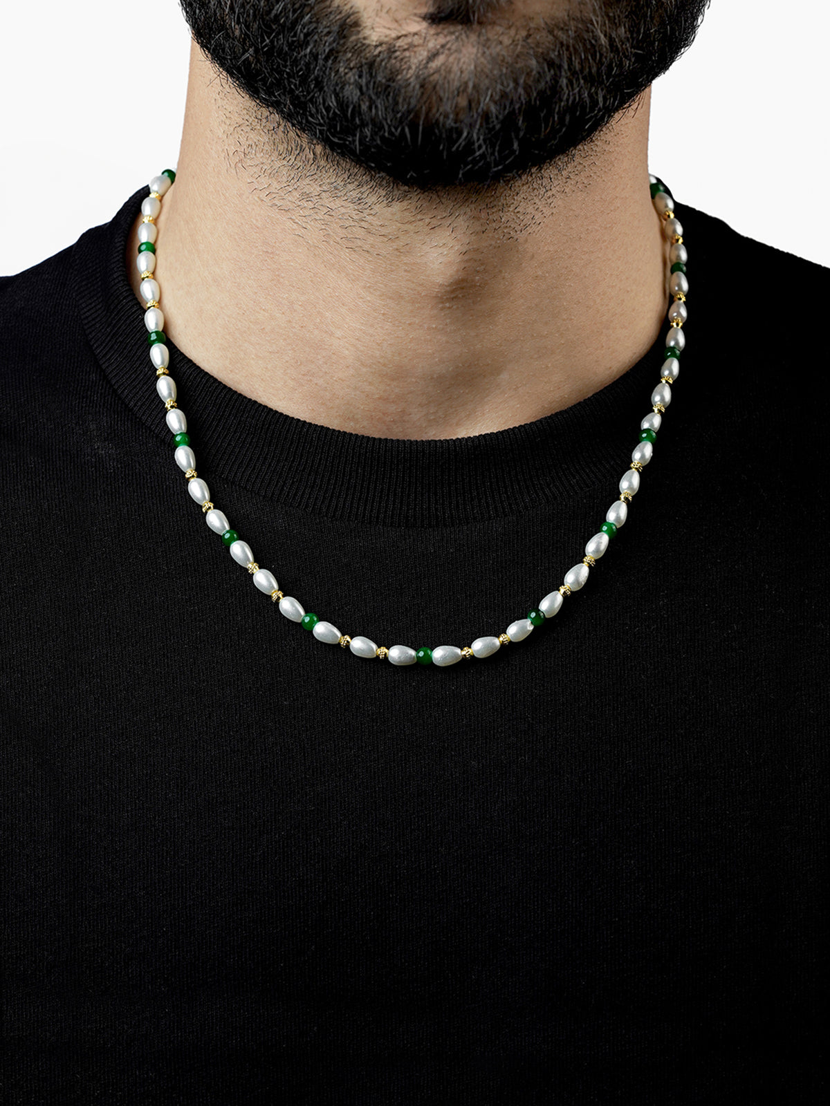 Aurel White Oval Pearl Green Beads Silver Men's Chain