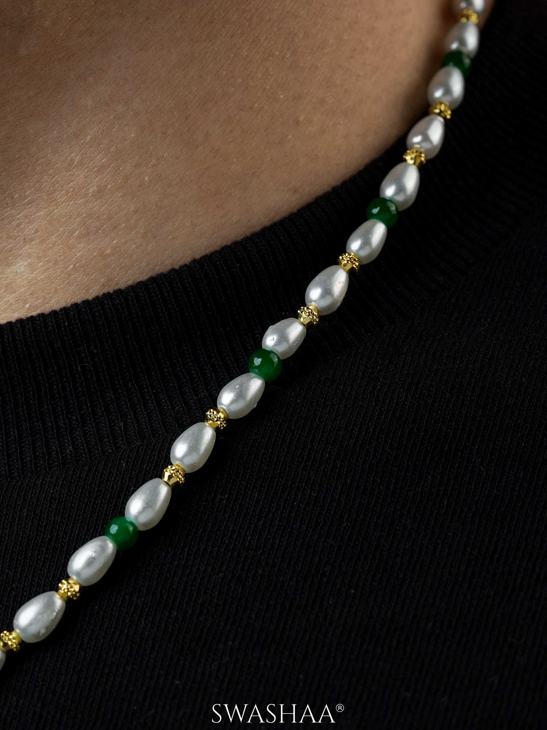 Aurel White Oval Pearl Green Beads Silver Men's Chain