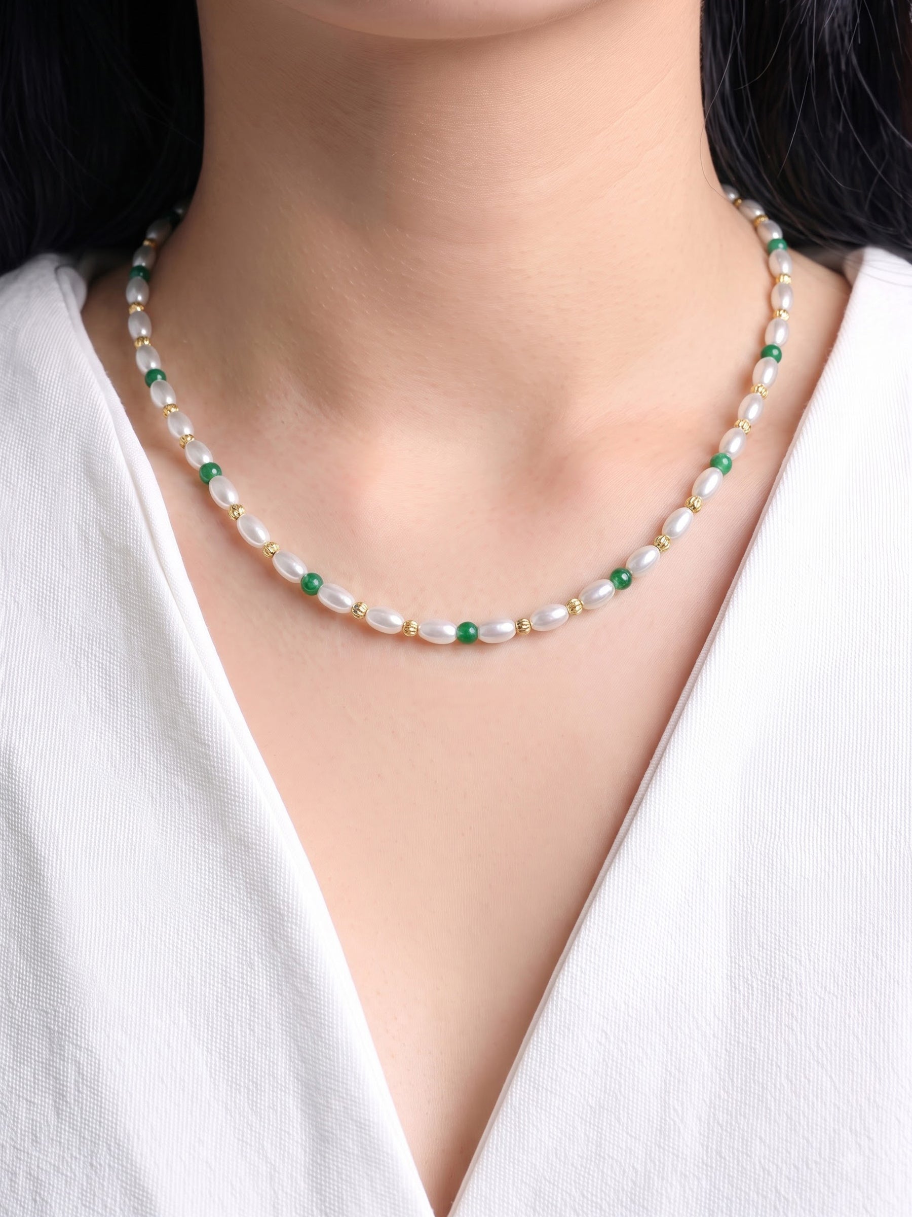 Aurel White Oval Pearl Green Round Beads 18K Gold Plated Women's Chain