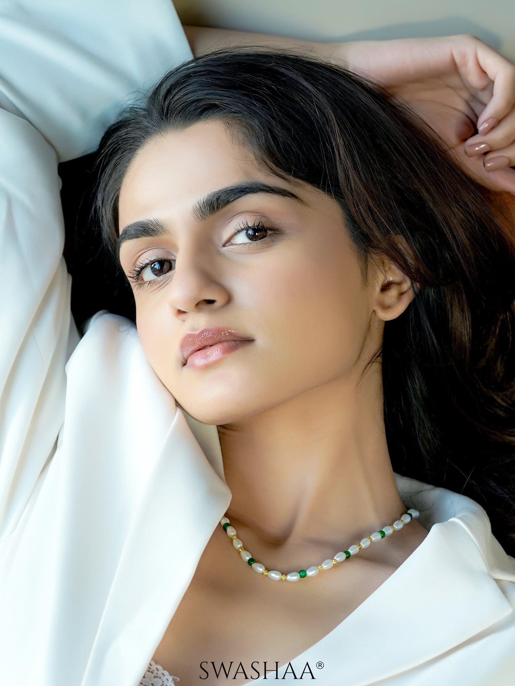 Aurel White Oval Pearl Green Beads Silver Men's Chain