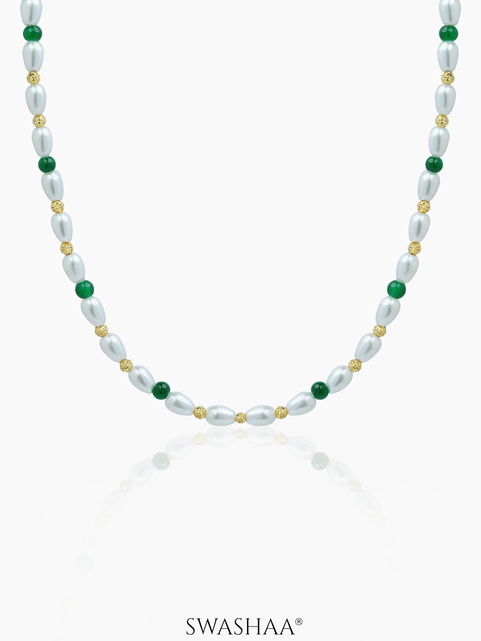 Aurel White Oval Pearl Green Beads Silver Men's Chain