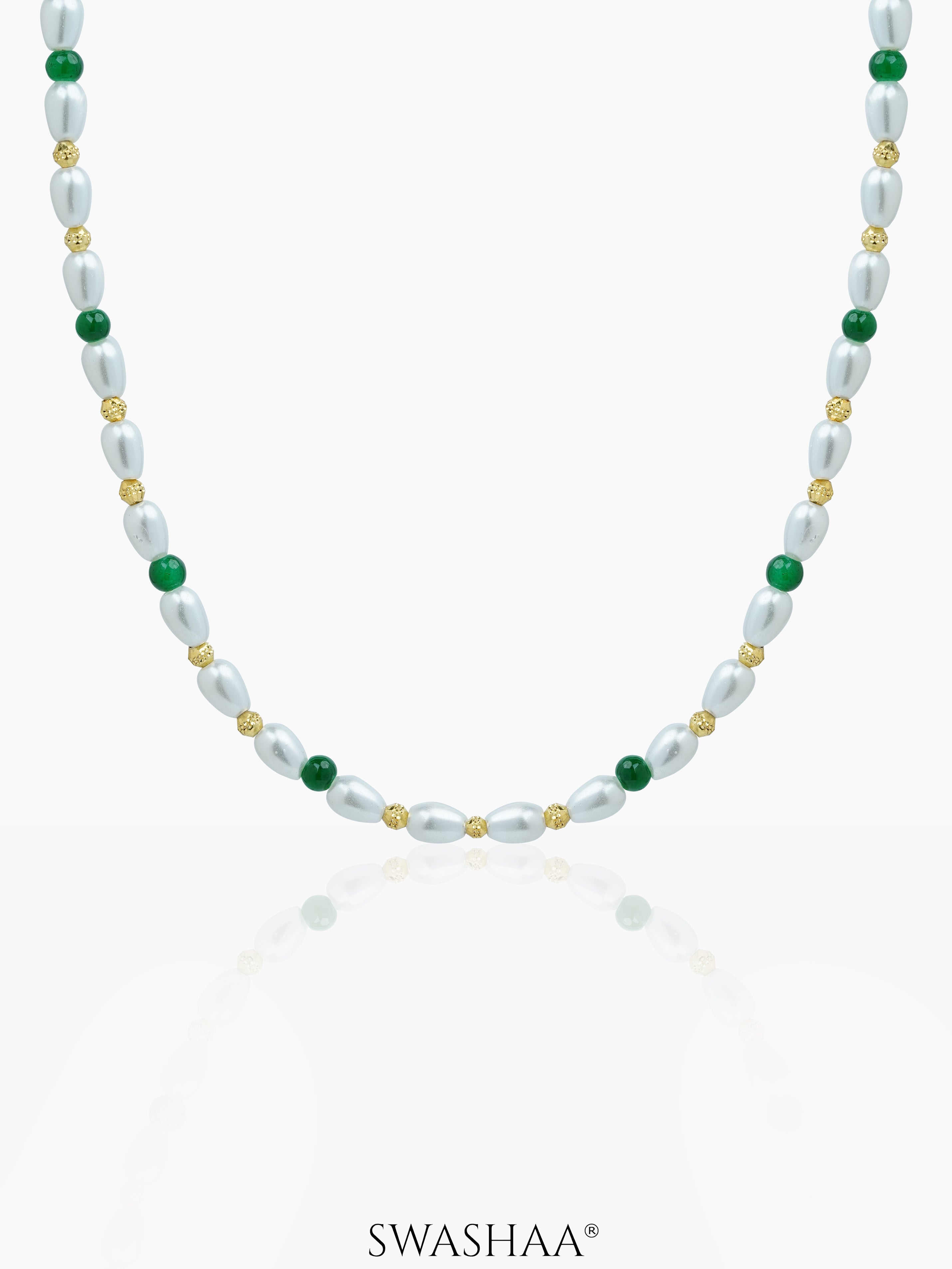 Aurel White Oval Pearl Green Beads Silver Men's Chain
