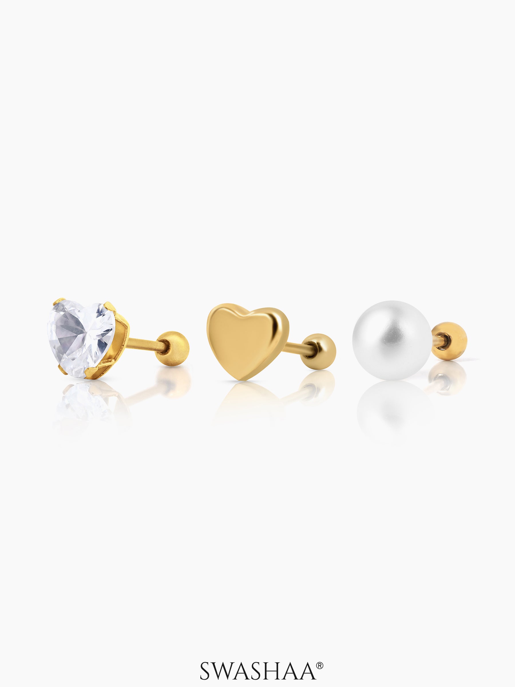 Aurelia Golden Heart Studs Dainty Pearls 18K Gold Plated Stud Earrings Set