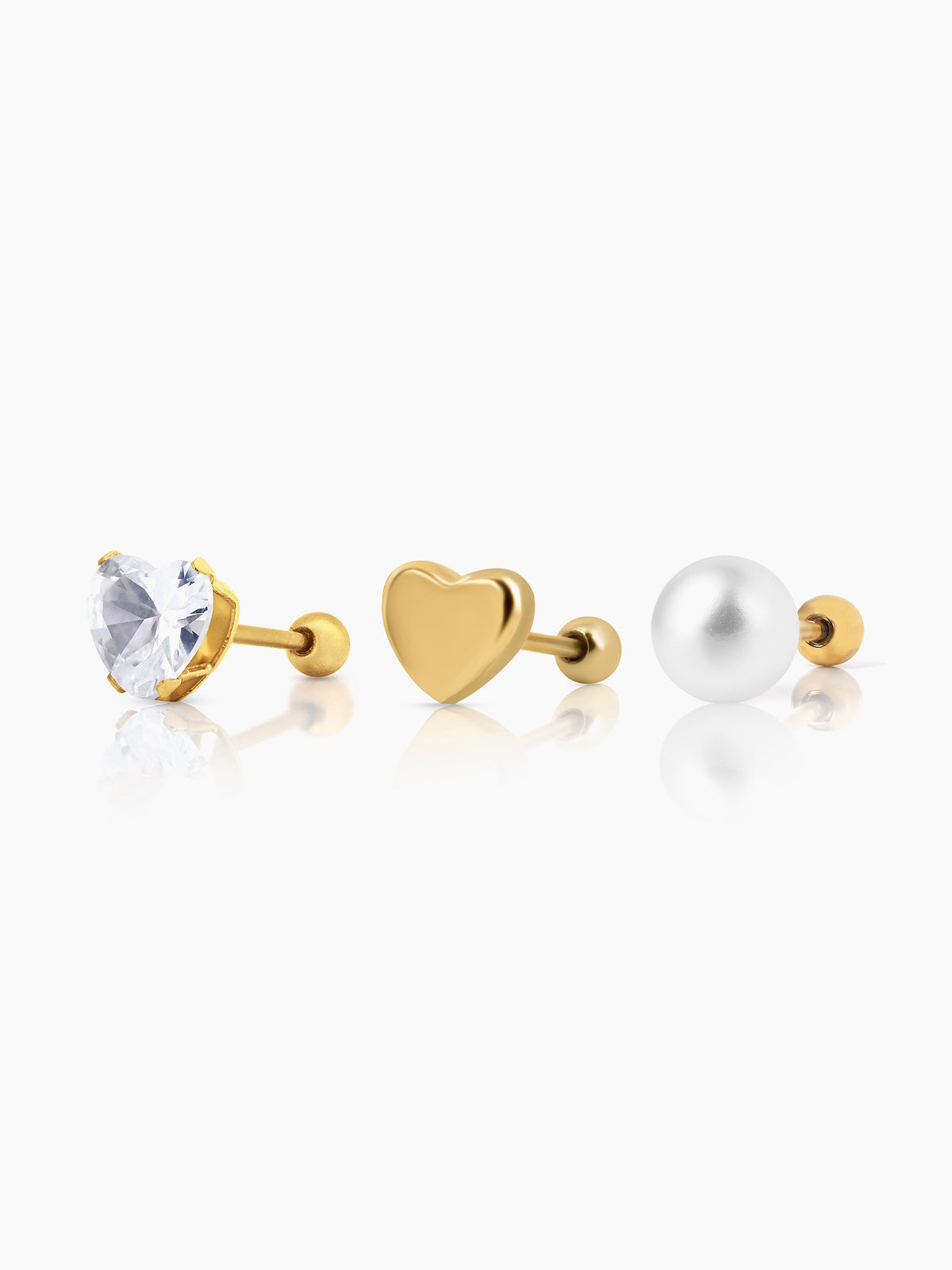 Aurelia Golden Heart Studs Dainty Pearls 18K Gold Plated Stud Earrings Set