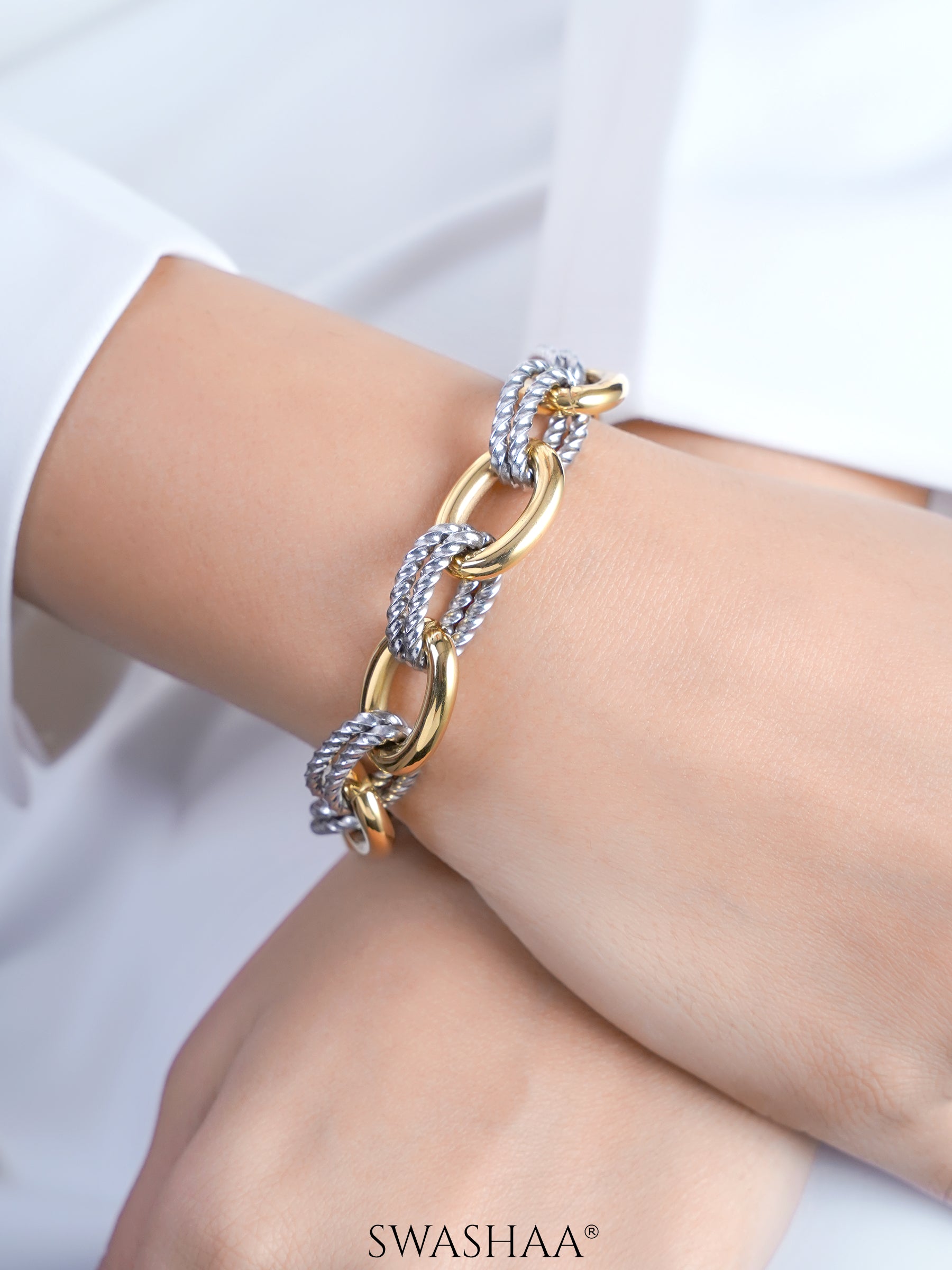 Aurika Dual Tone 18K Gold - Silver Link Women's Loose Chain Bracelet