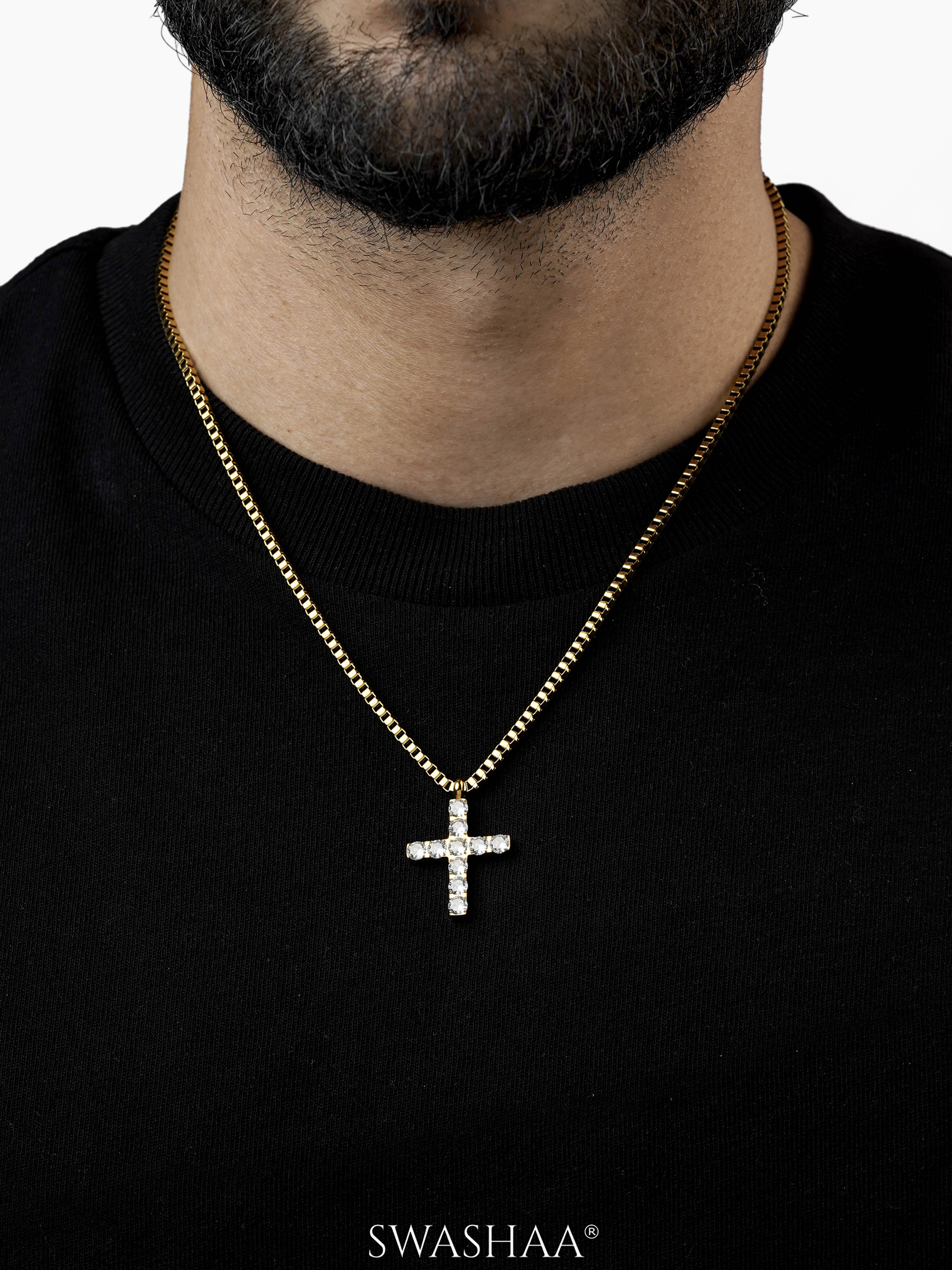 Auron Christian Cross Diamond 18K Gold Plated Men's Chain Pendant