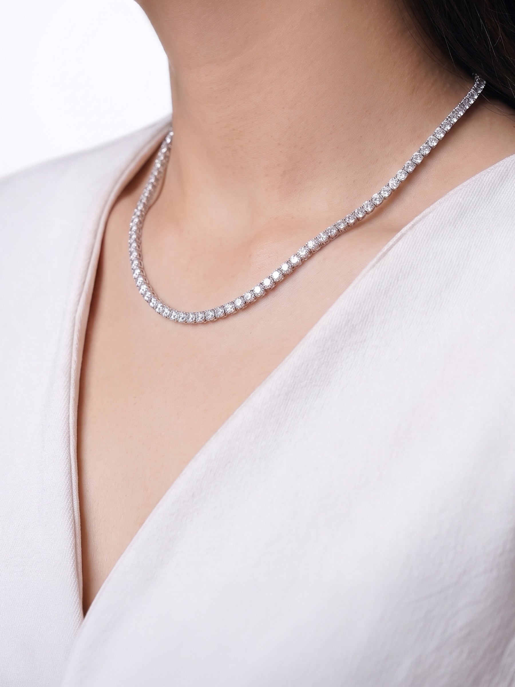 Aurora Round Diamond Solitaire Silver Women's Tennis Necklace