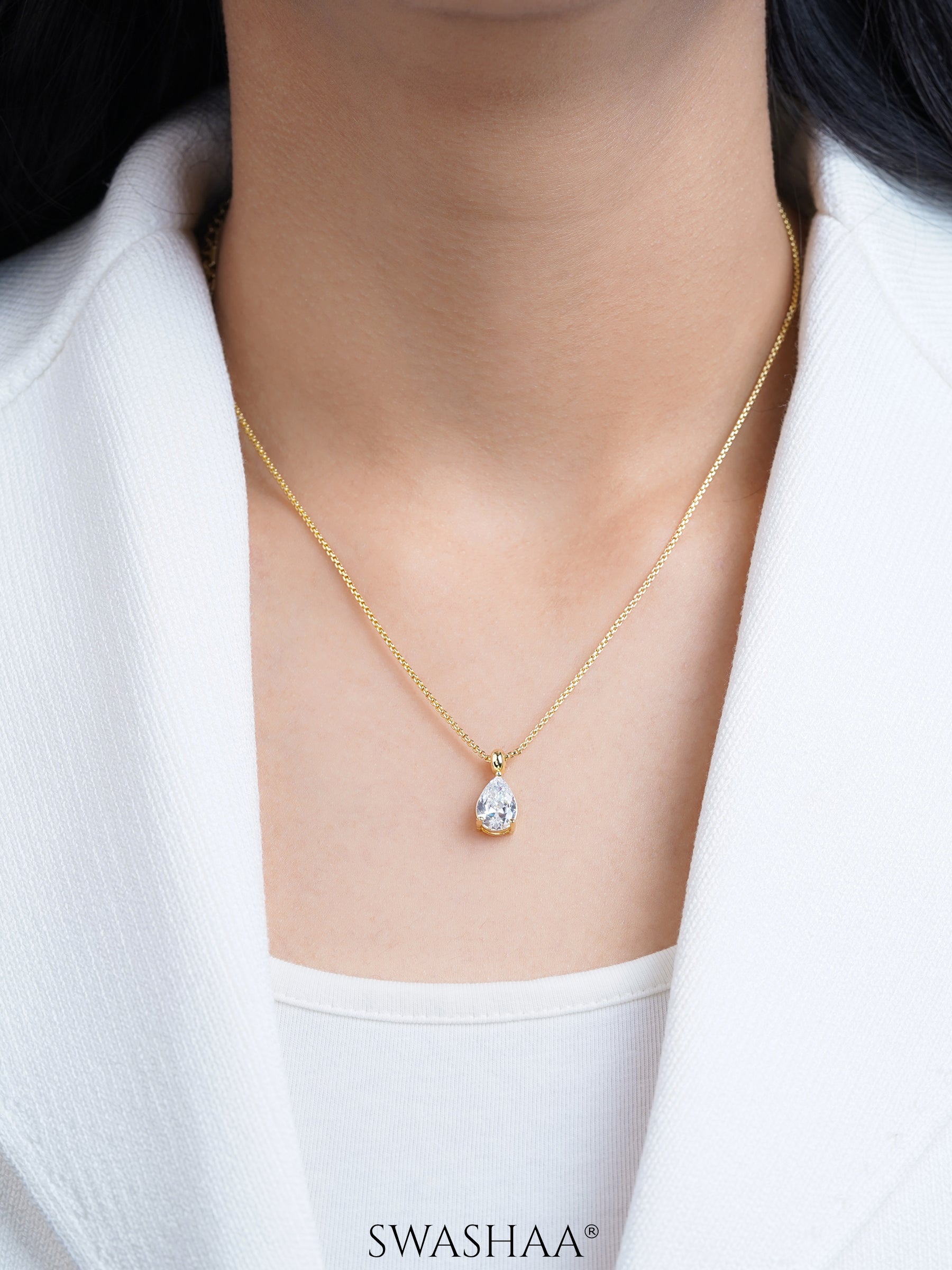 Aveline Tear Drop Diamond Solitaire 14K Gold Plated Necklace