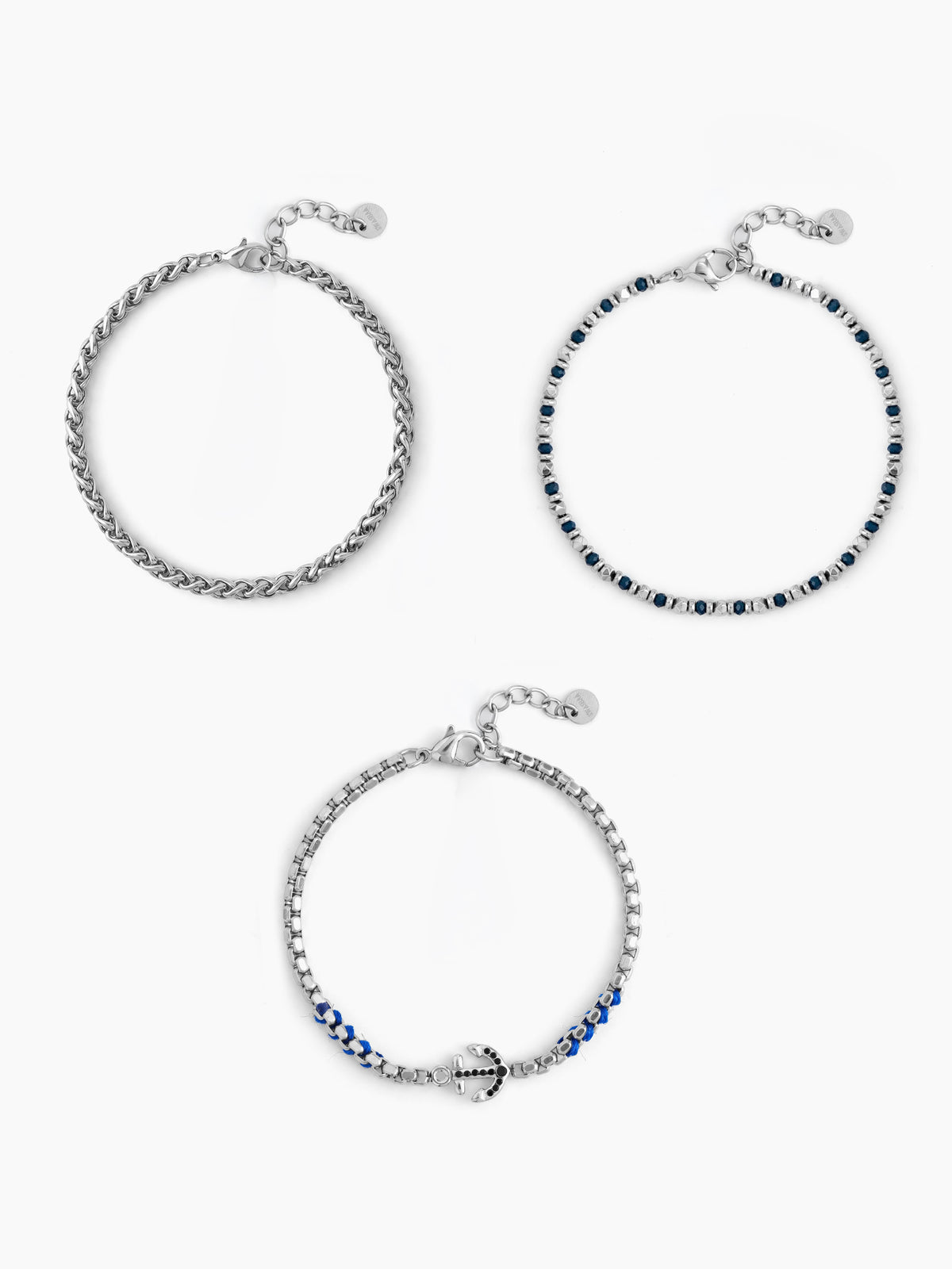 Avenix Charms Beaded Chain Silver, Blue Men's Loose Chain Bracelet Set