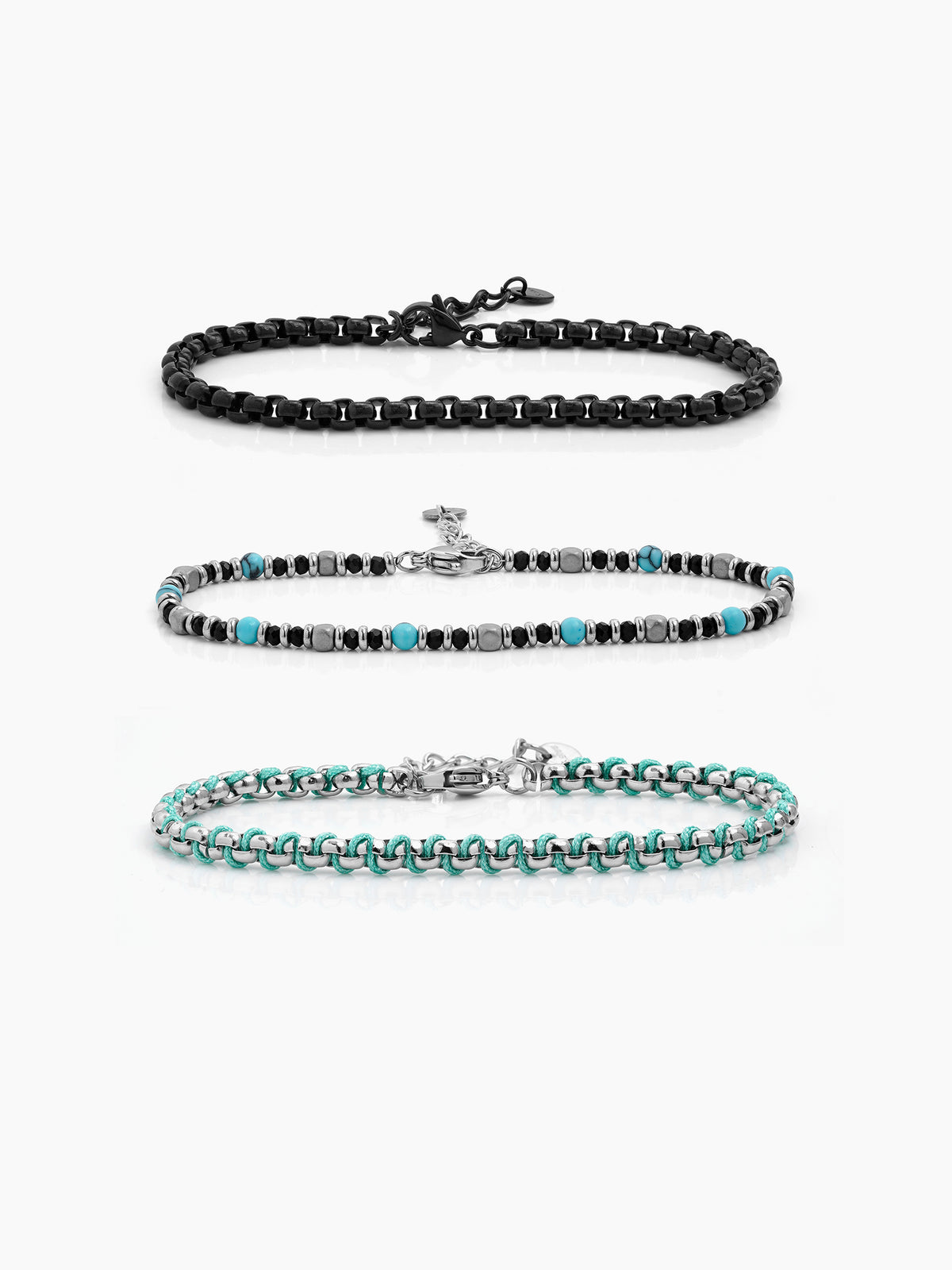 Avric Round Box Beaded Turquoise Black - Silver Men's Loose Chain Bracelet Set