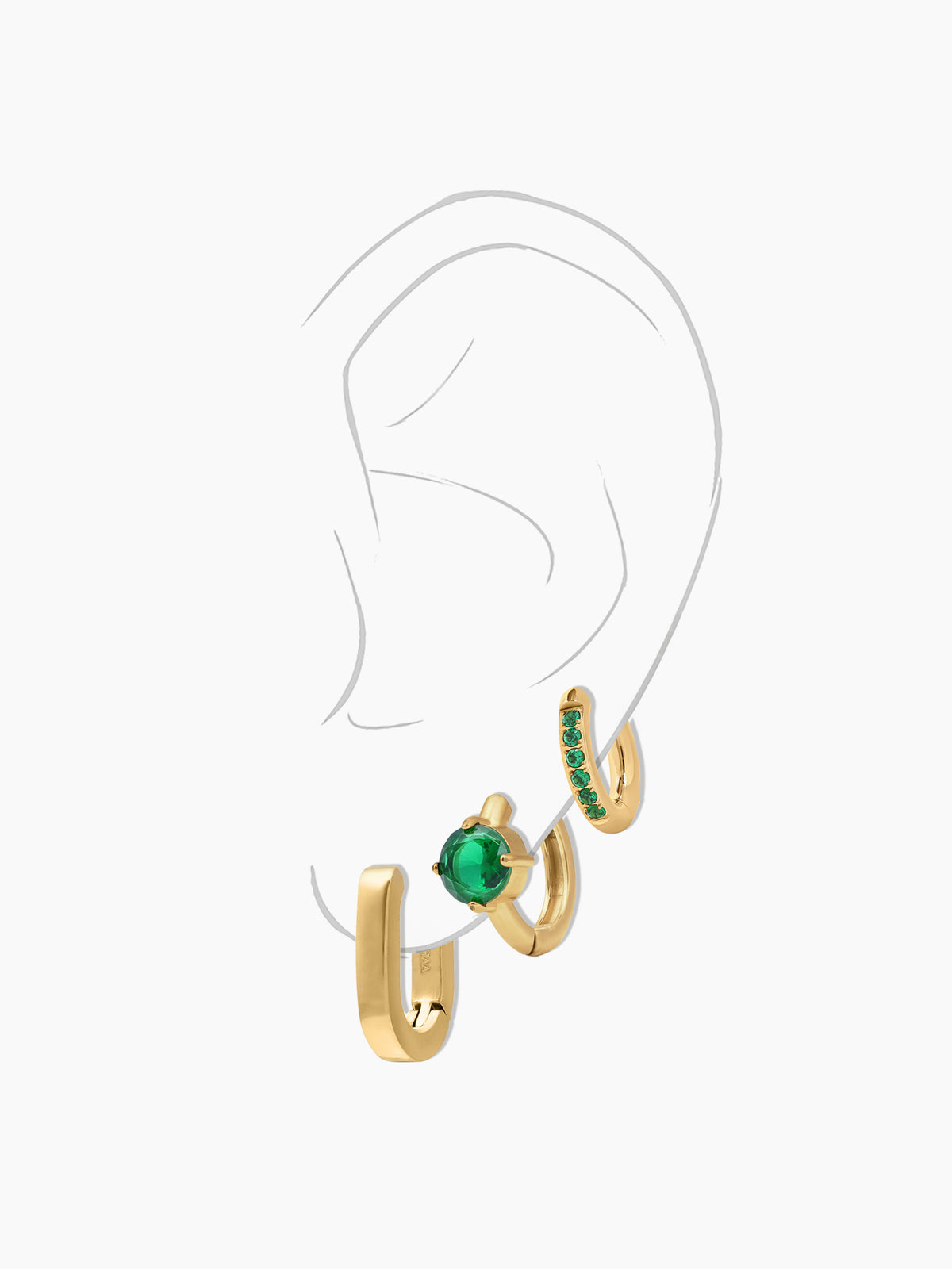 Avya Diamond Plain Hoops Bold Green Solitaire Studs Pave Emerald 18K Gold Plated Earrings Set