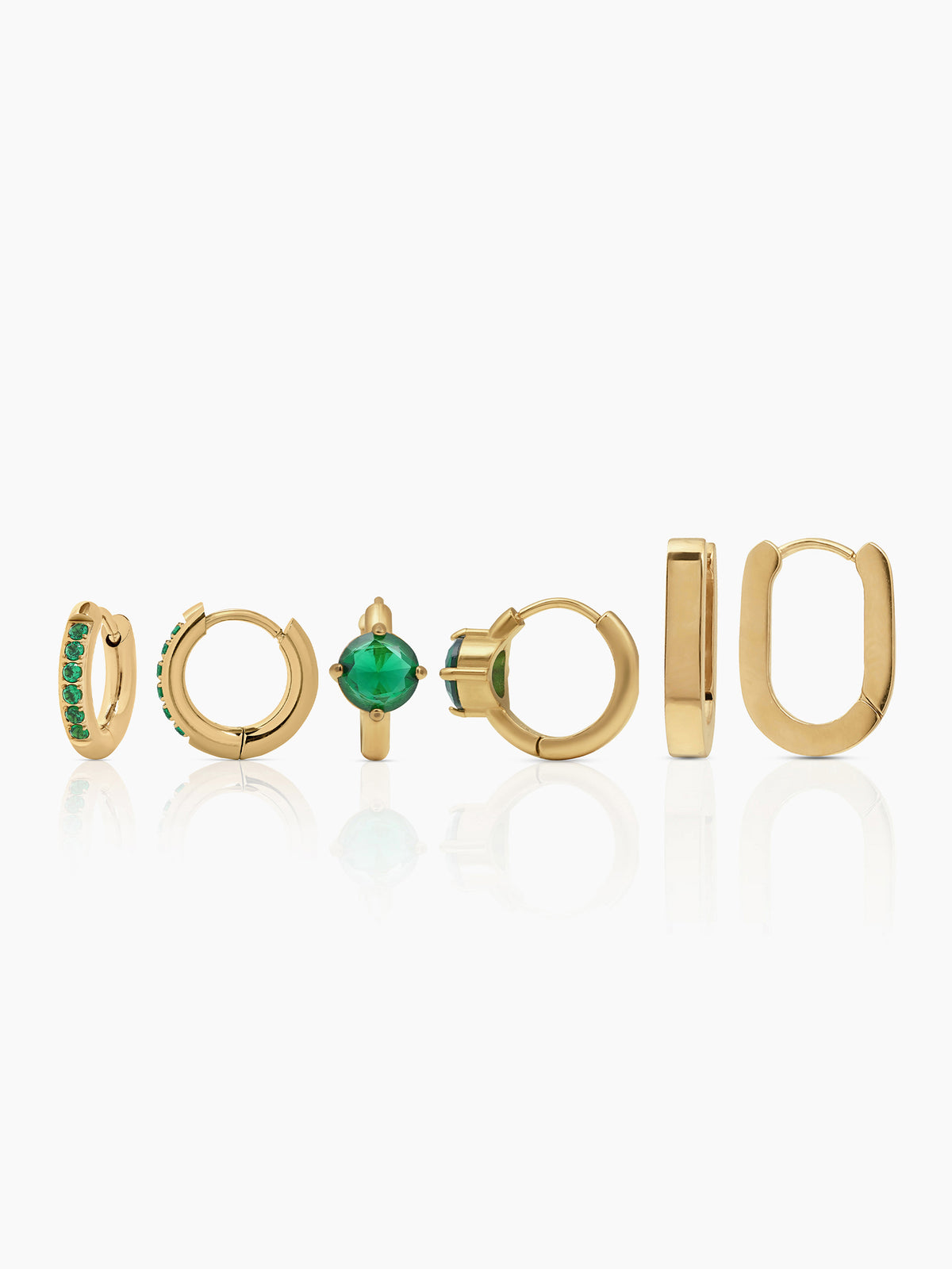 Avya Diamond Plain Hoops Bold Green Solitaire Studs Pave Emerald 18K Gold Plated Earrings Set