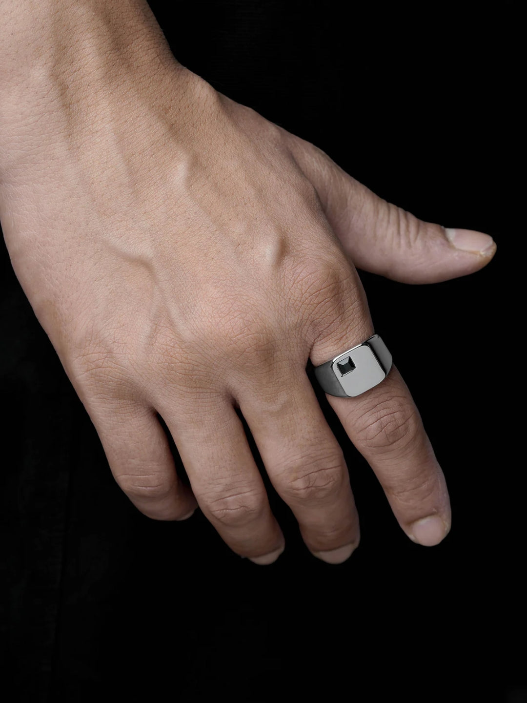 Axeon Black Zircon Diamond Signet Square Silver Band Men's Ring