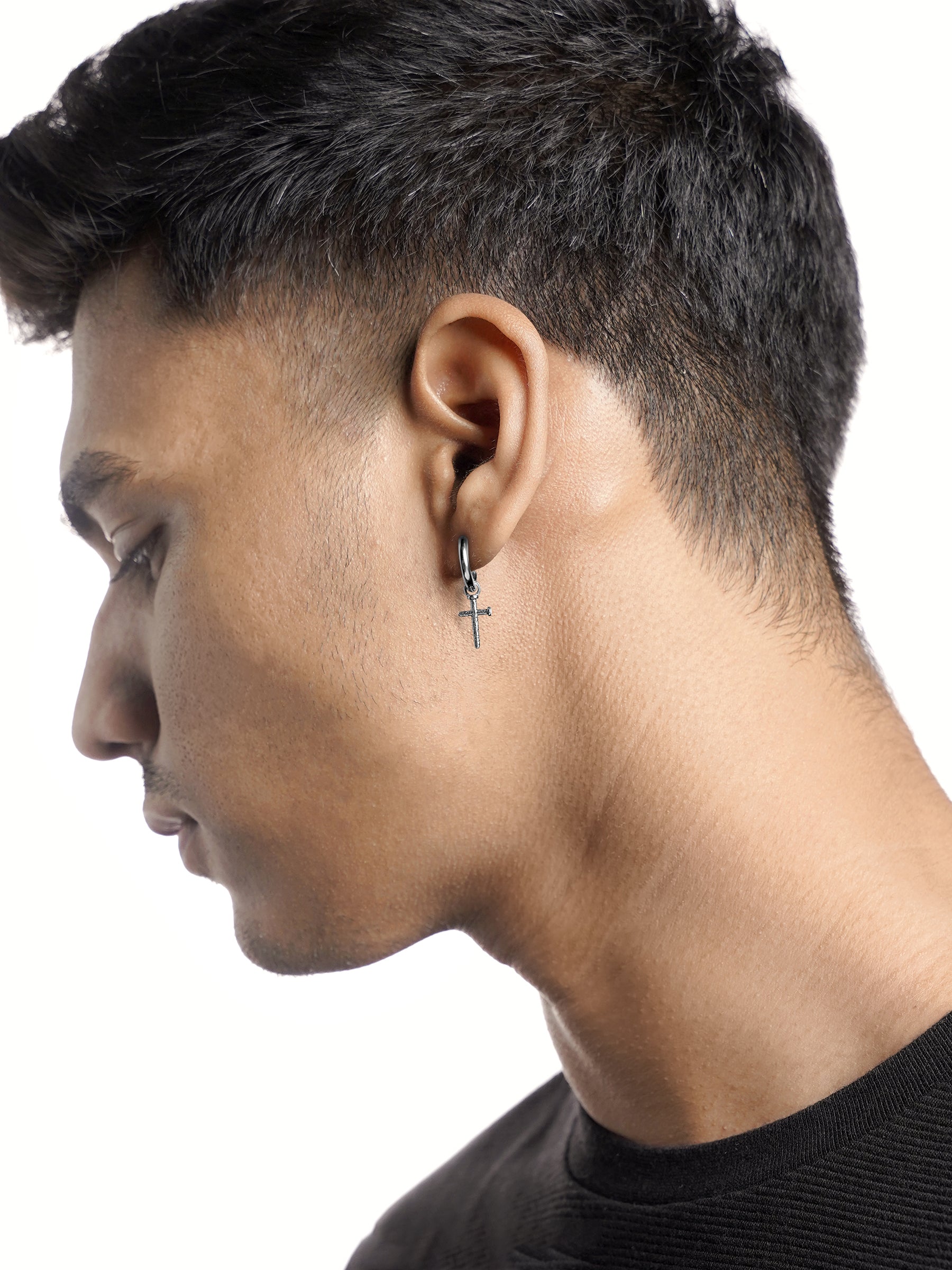 Axton Cross Drop Silver Men's Hanging Hoop Earrings