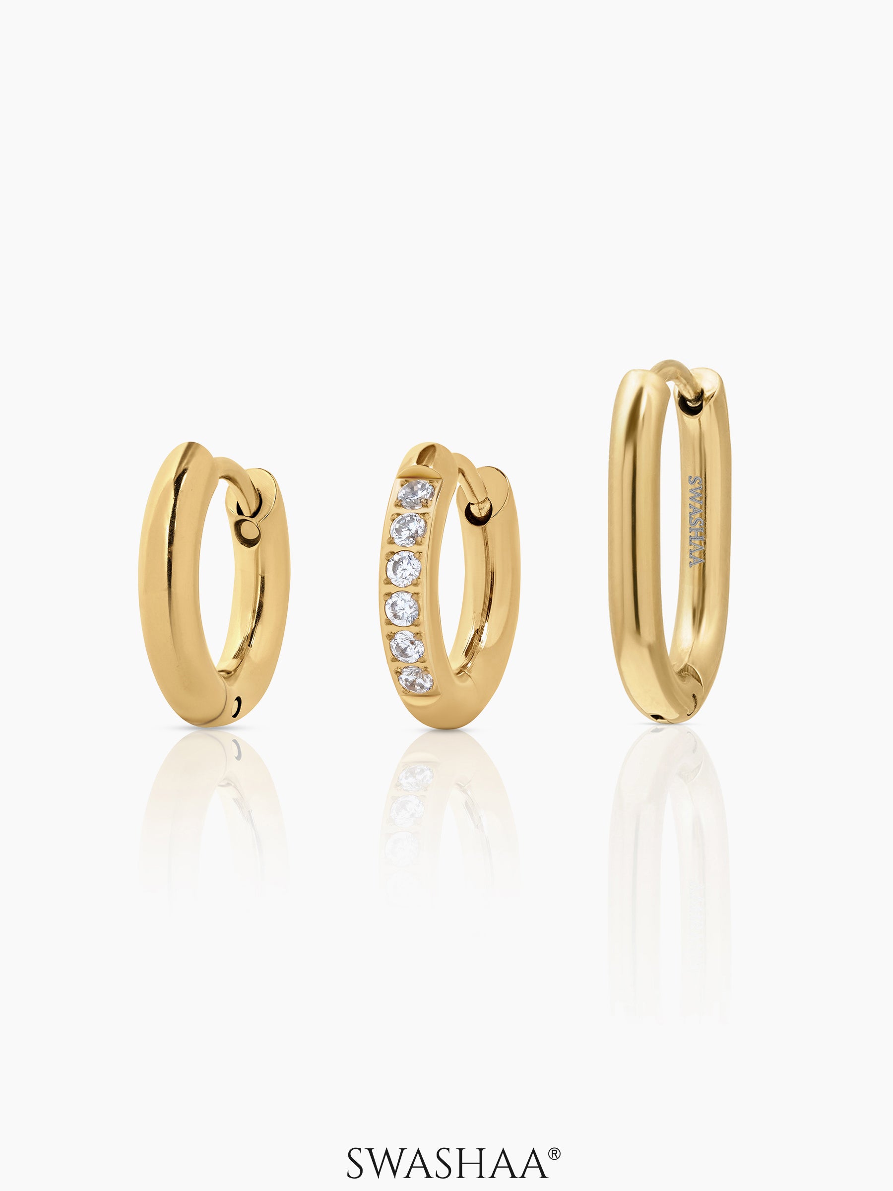 Ayra Gold Tone Huggie 18K Gold Plated Women's Hoop Earrings Set