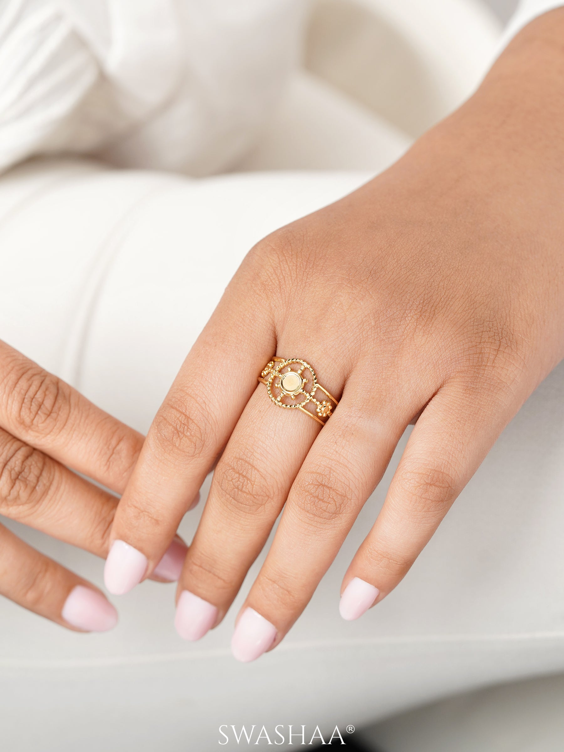 Aza Triple Band Dotted Wheel Motif 18K Gold Plated Ring