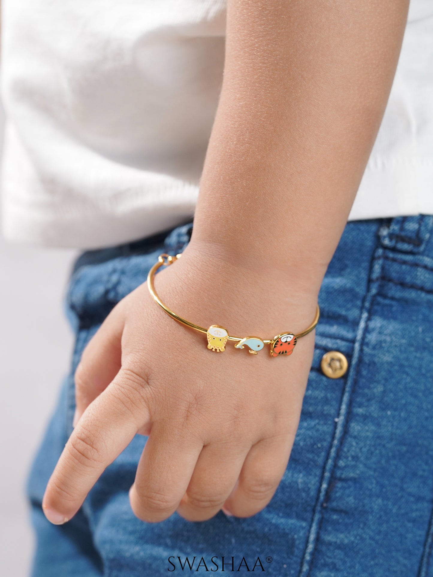 Baby Animal Charms 18K Gold Plated Kid's Cuff Kada Bracelet