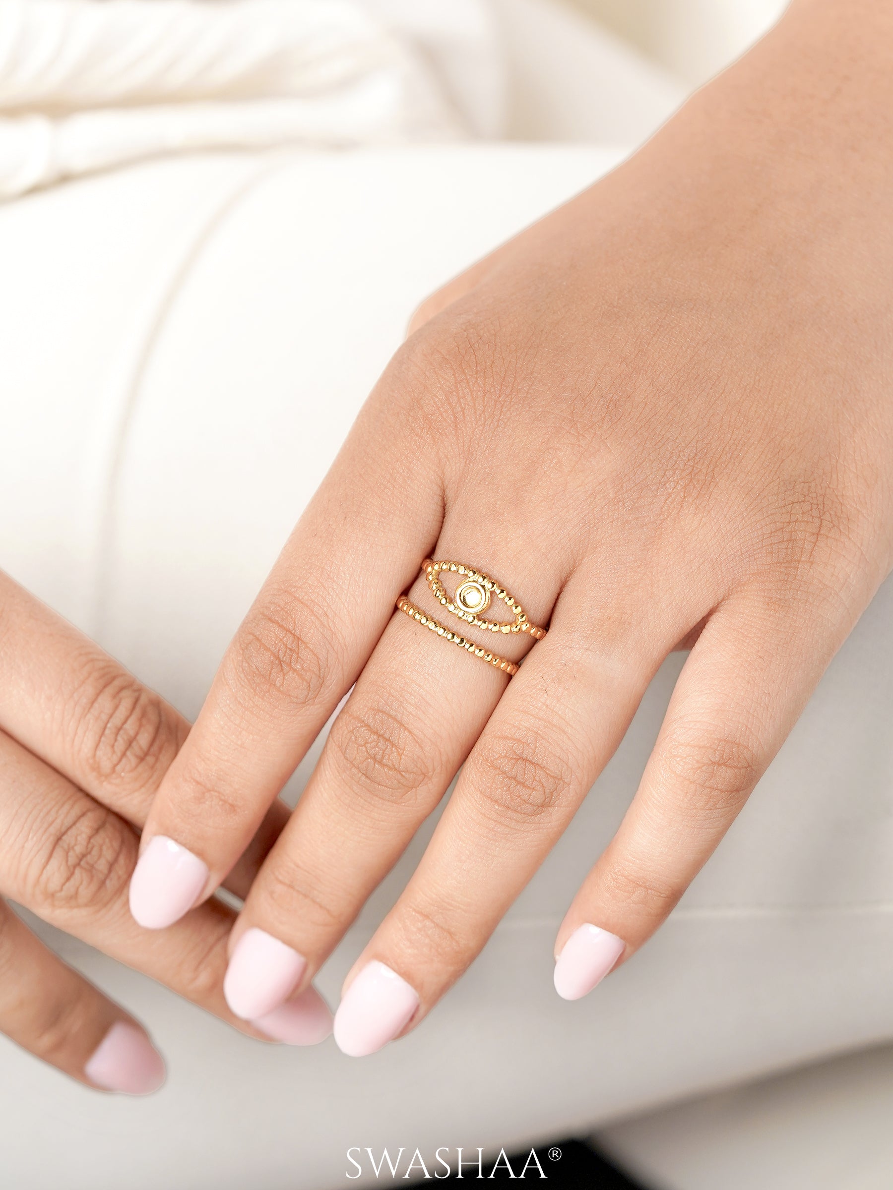 Barkha Evil Eye Double Layered Dotted Bands 18K Gold Plated Ring