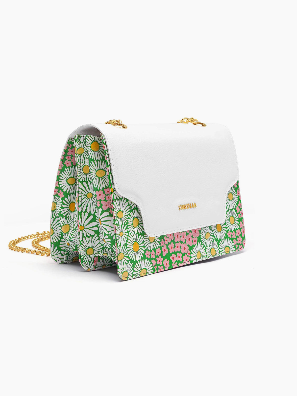 Blooming Bliss White Daisy Green Women's Leather Sling Bag