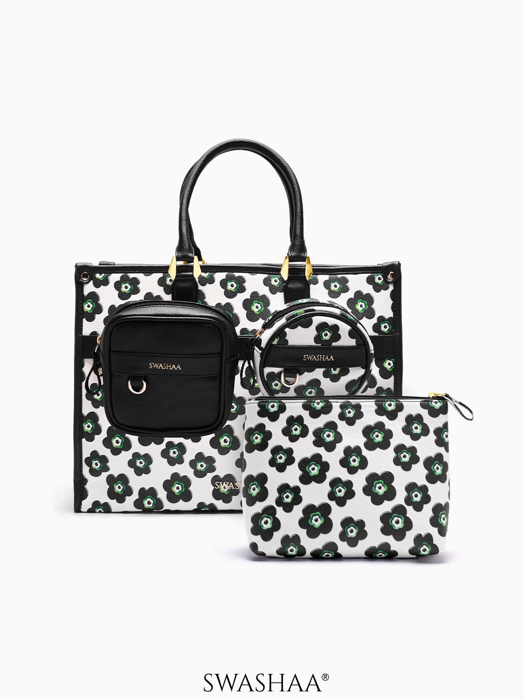 Blossom Black Green Floral Women's Leather Tote Bag