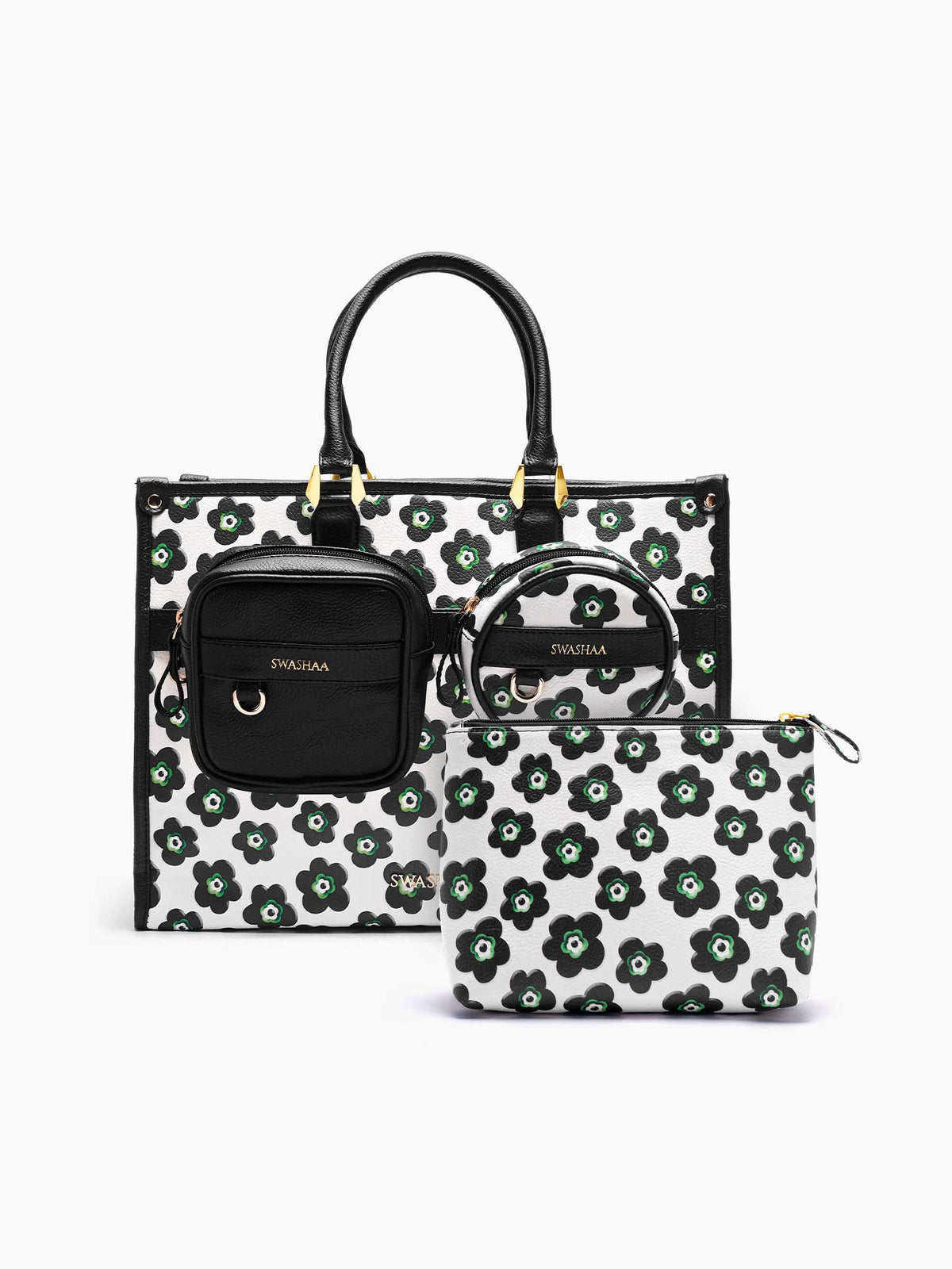Blossom Black Green Floral Women's Leather Tote Bag