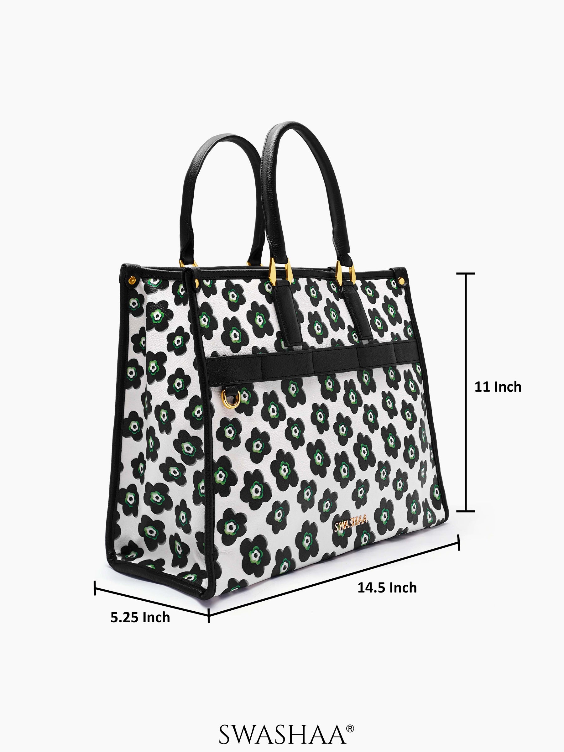 Blossom Black Green Floral Women's Leather Tote Bag