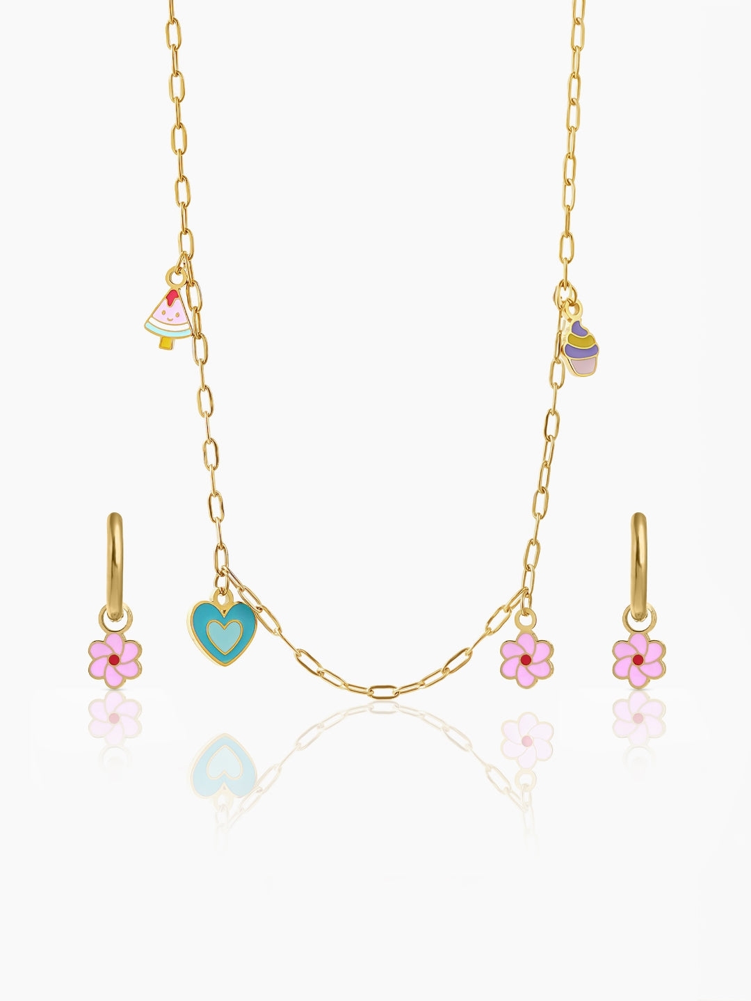 Blossom Love Heart, Watermelon, Cupcake, Floral, Flower Charms 18K Gold Plated Kid's Jewelry Set Of 2 - Necklace & Hoop Charm Earrings