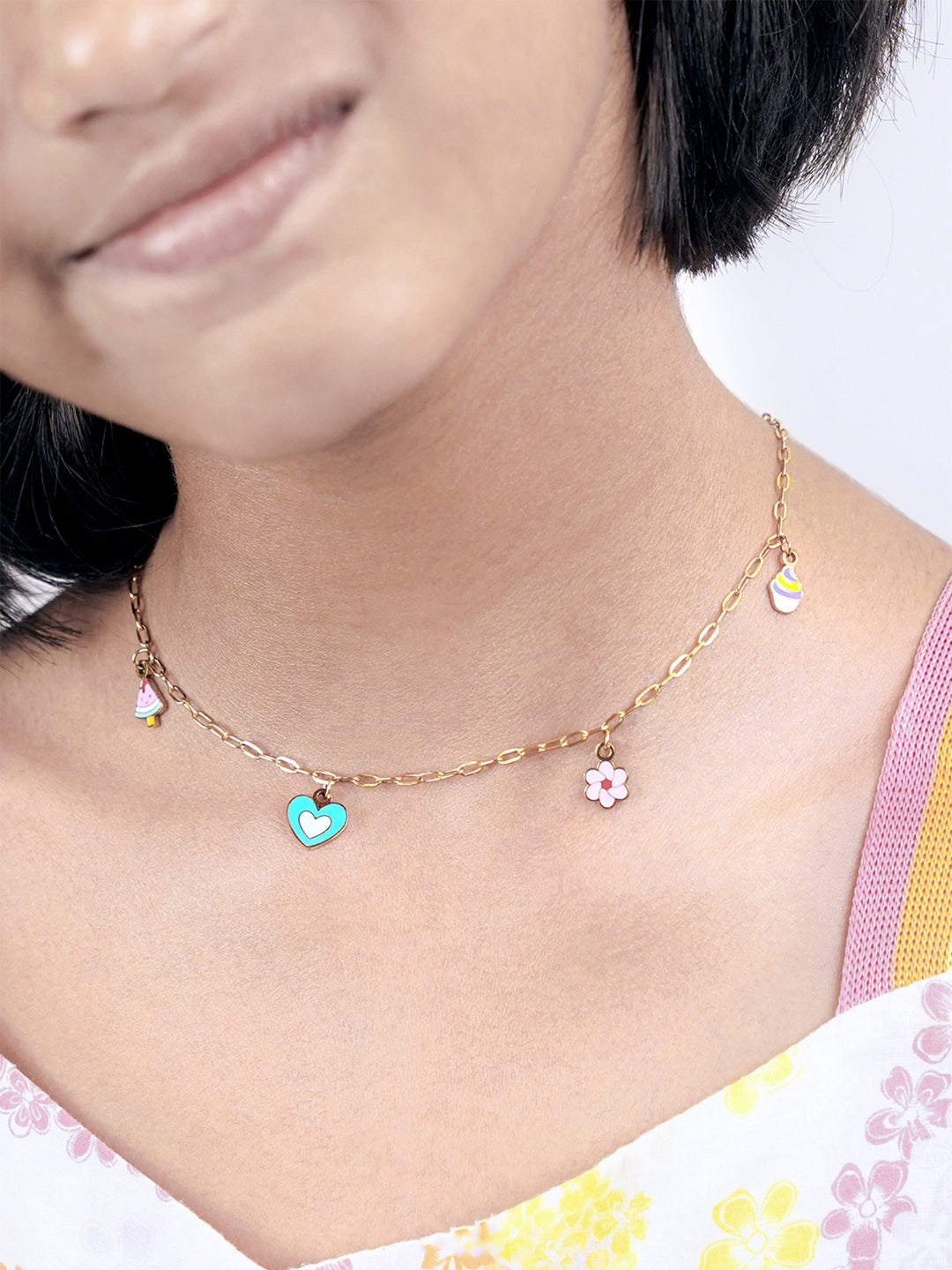 Blossom Love Watermalon, Flower, Heart, Cupcake Charms 18K Gold Plated Kid's Necklace