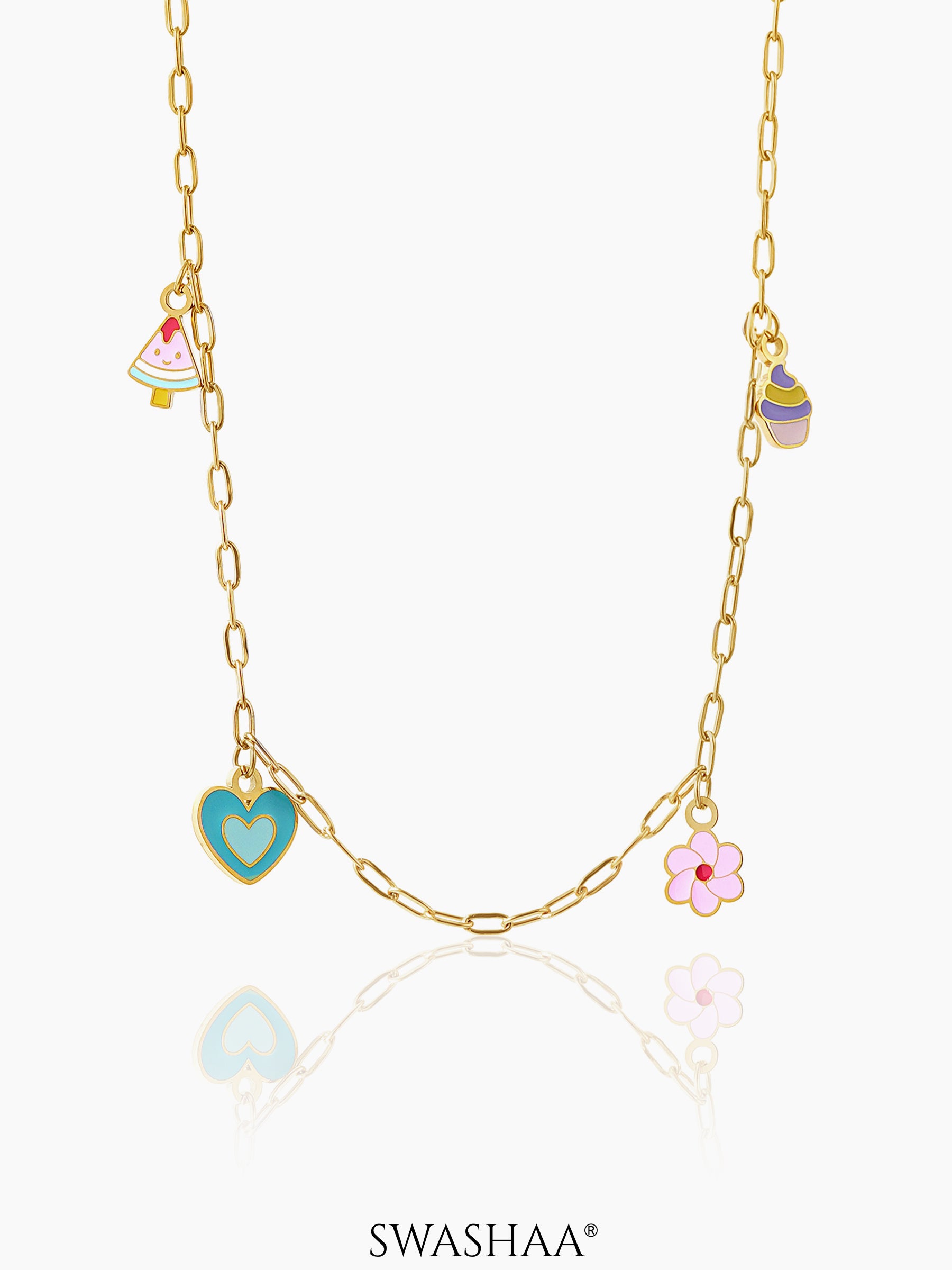 Blossom Love Watermalon, Flower, Heart, Cupcake Charms 18K Gold Plated Kid's Necklace
