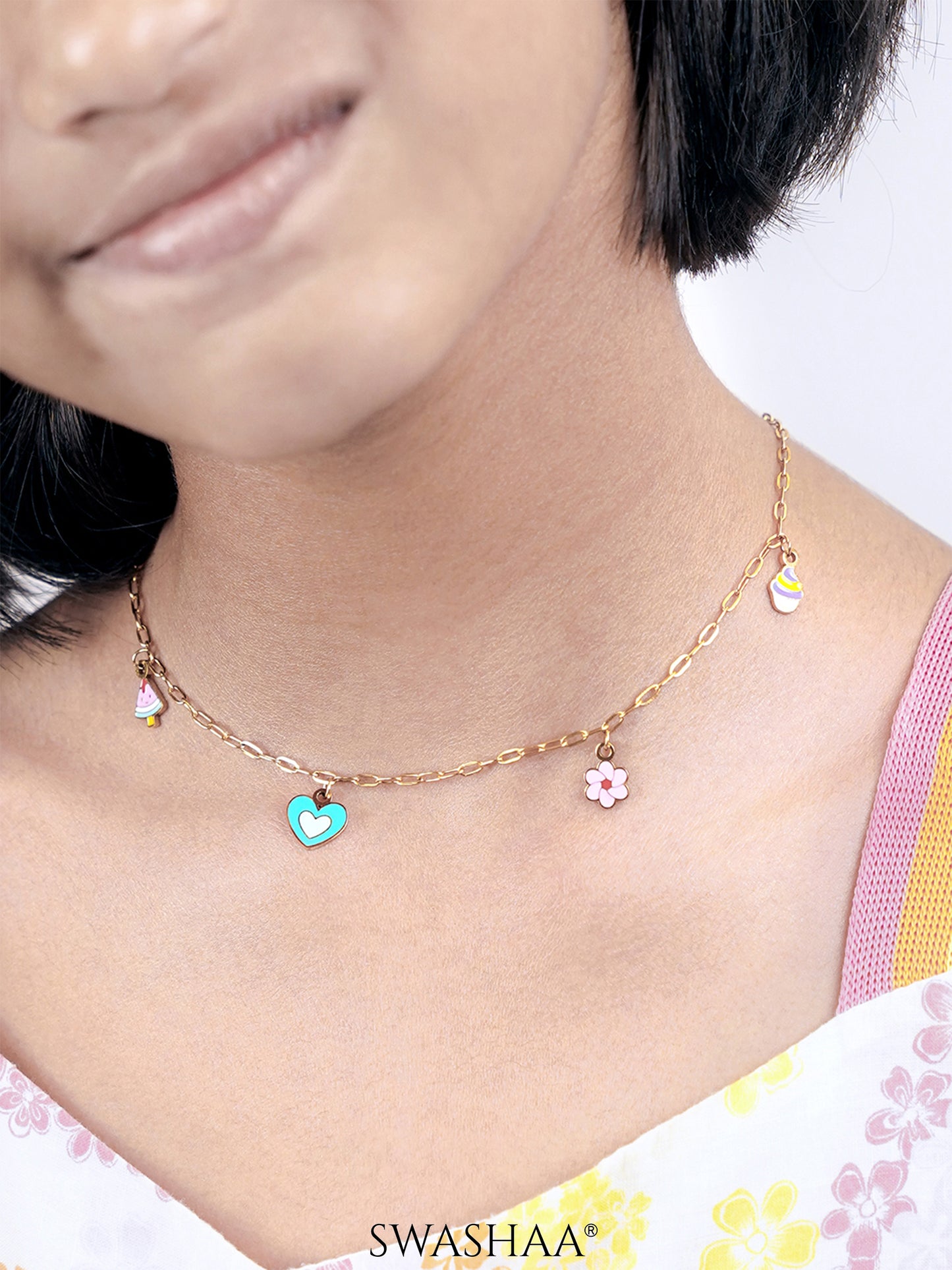 Blossom Love Watermalon, Flower, Heart, Cupcake Charms 18K Gold Plated Kid's Necklace