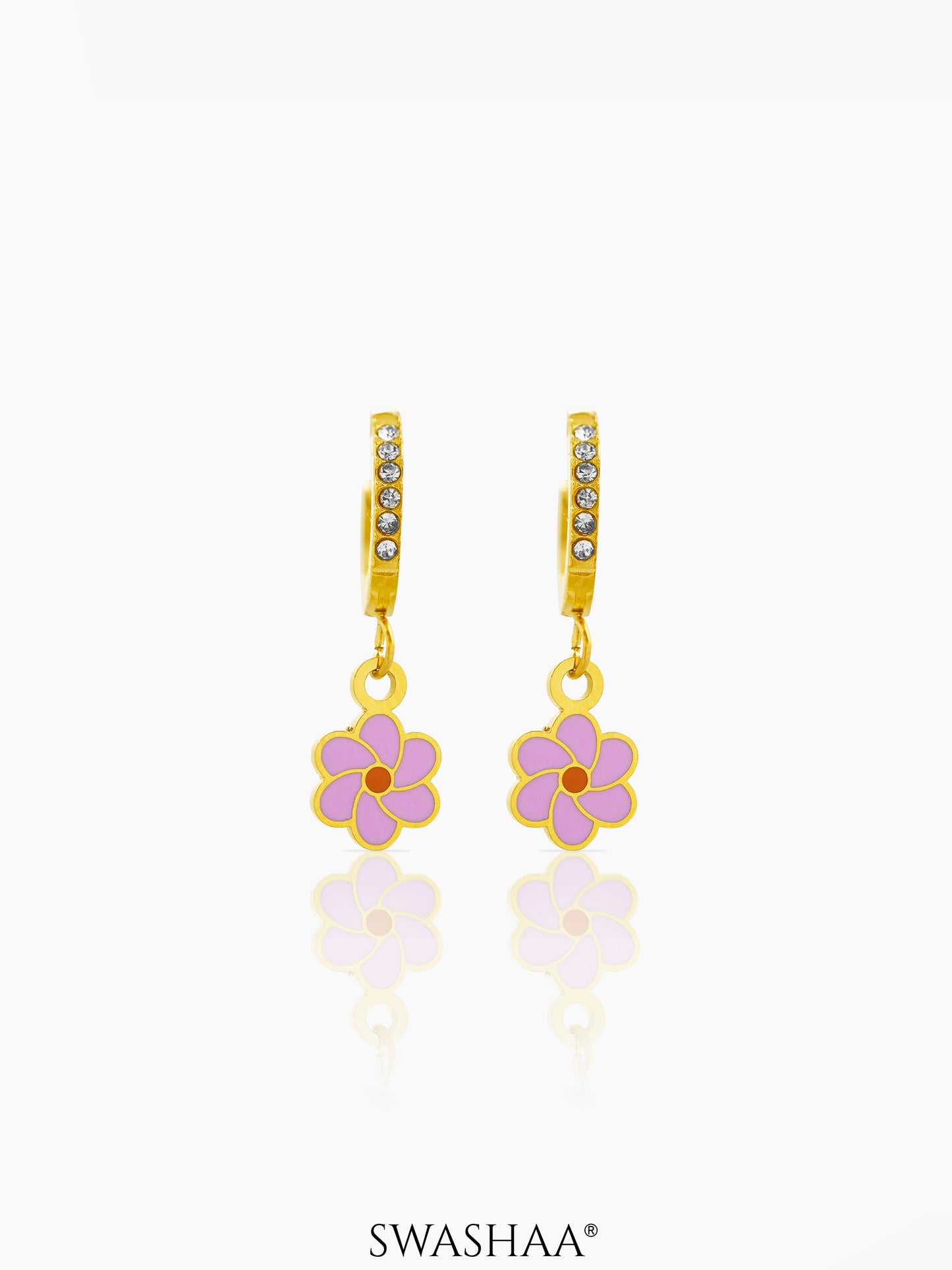 Blossom Pink Flower Charm 18K Gold Plated Kid's Hoop Earrings