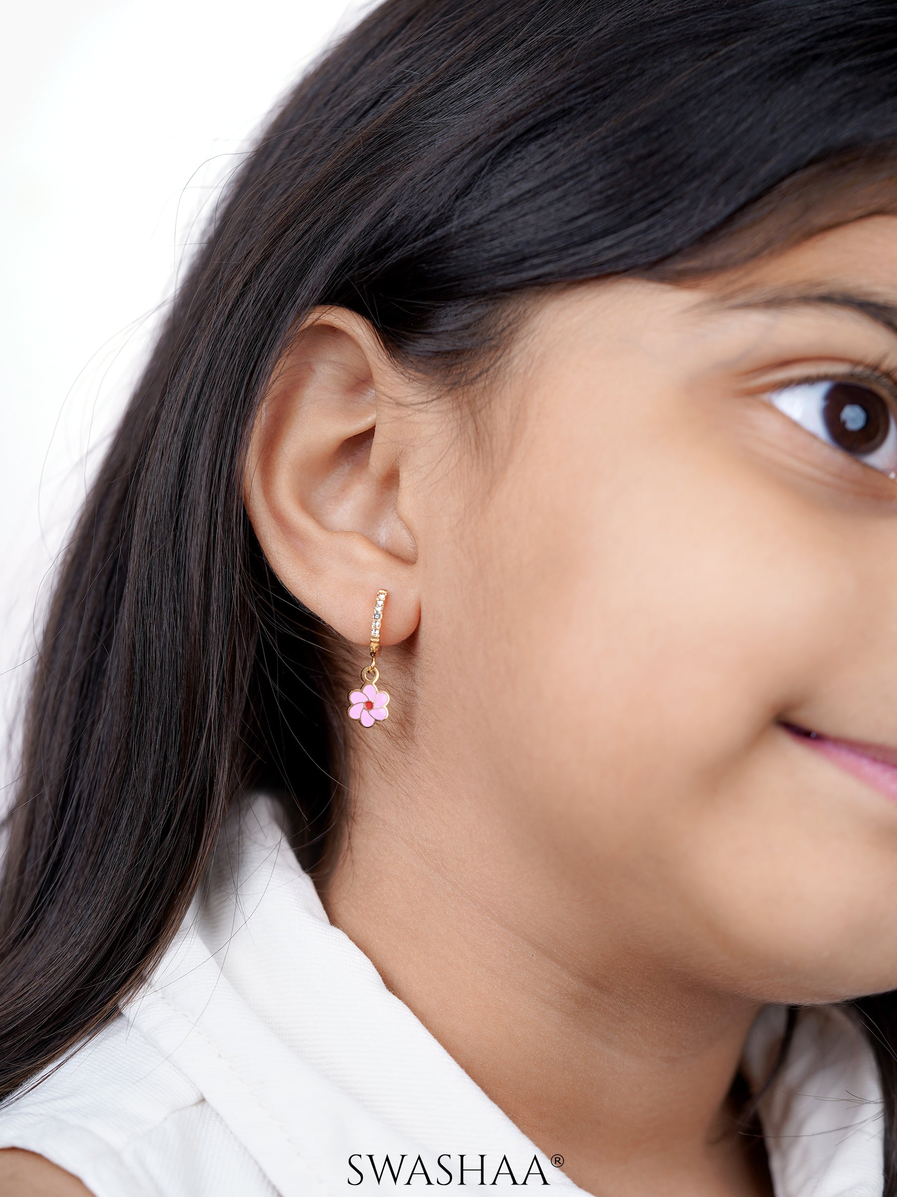 Blossom Pink Flower Charm 18K Gold Plated Kid's Hoop Dangling Earrings