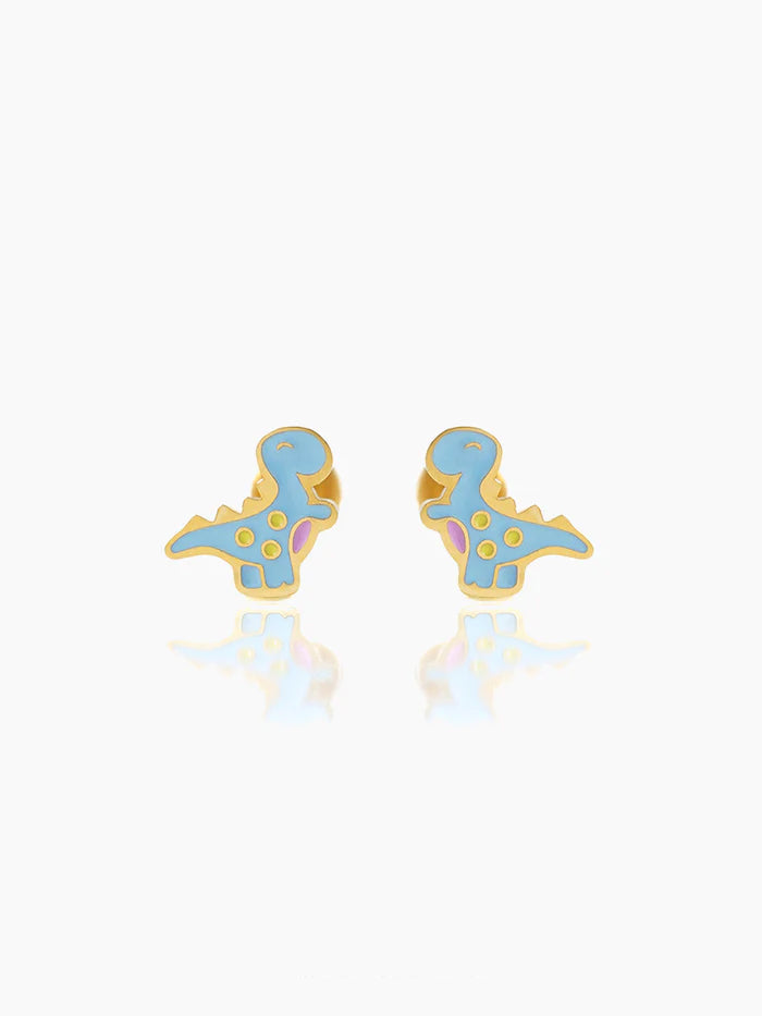 Blue Dina Dinosaur Charm 18K Gold Plated Kid's Stud Earrings