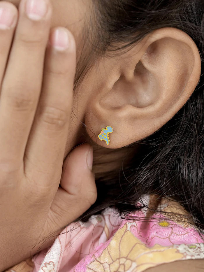 Blue Dina Dinosaur Charm 18K Gold Plated Kid's Stud Earrings