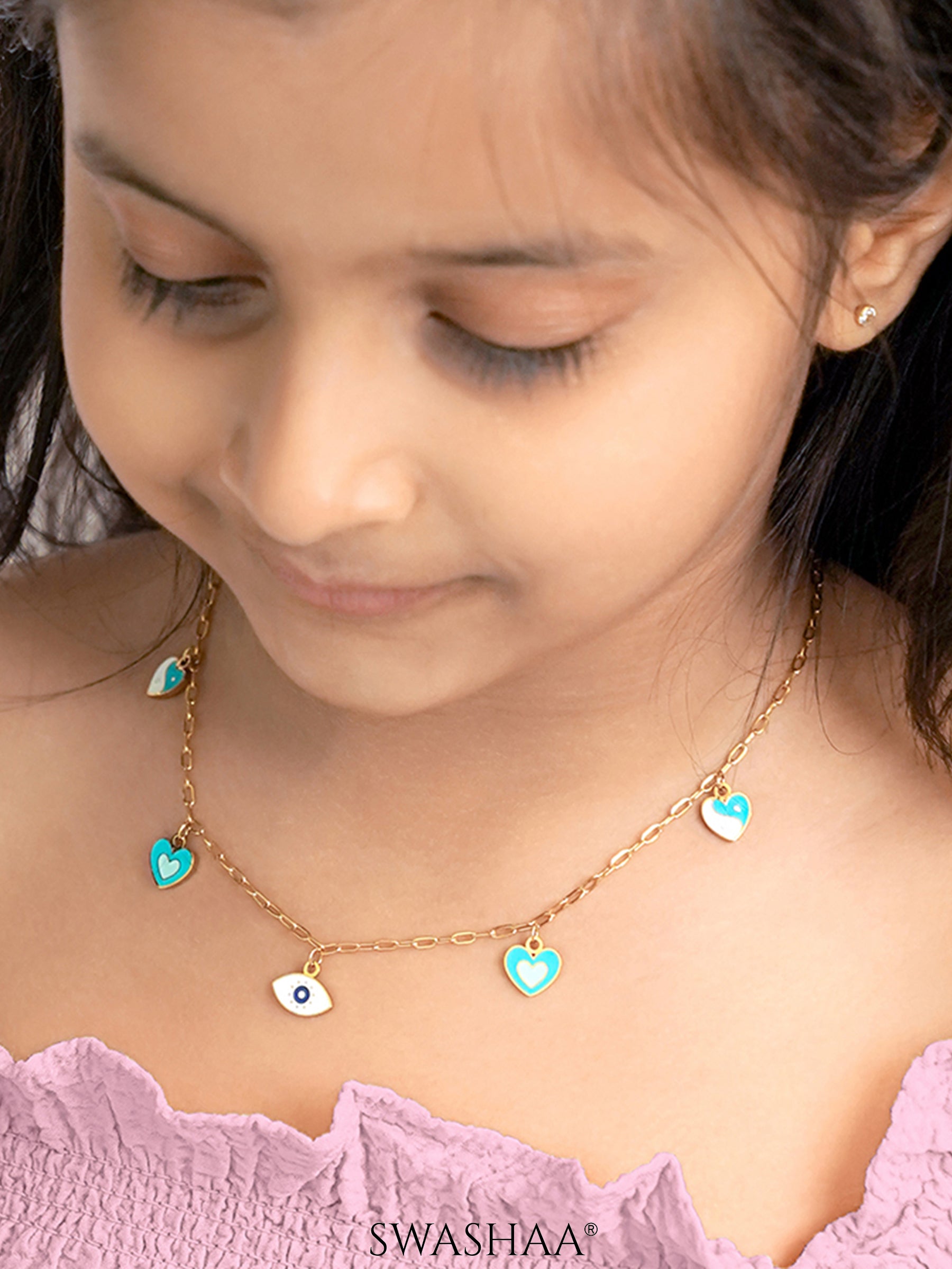 Blue Hearts Eye Charm 18K Gold Plated Kid's Necklace