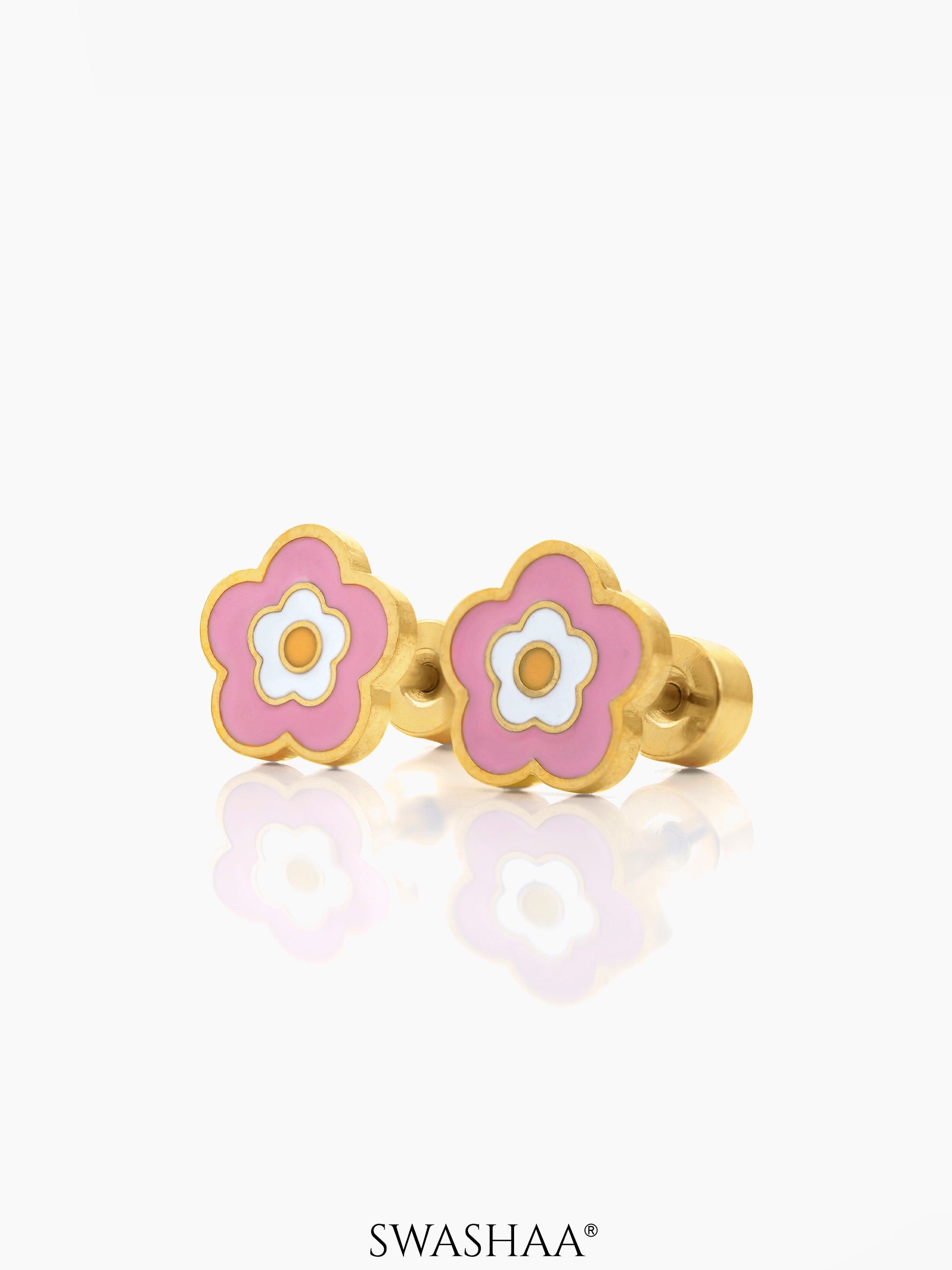 Blush Pink Flower Charm 18K Gold Plated Kid's Stud Earrings