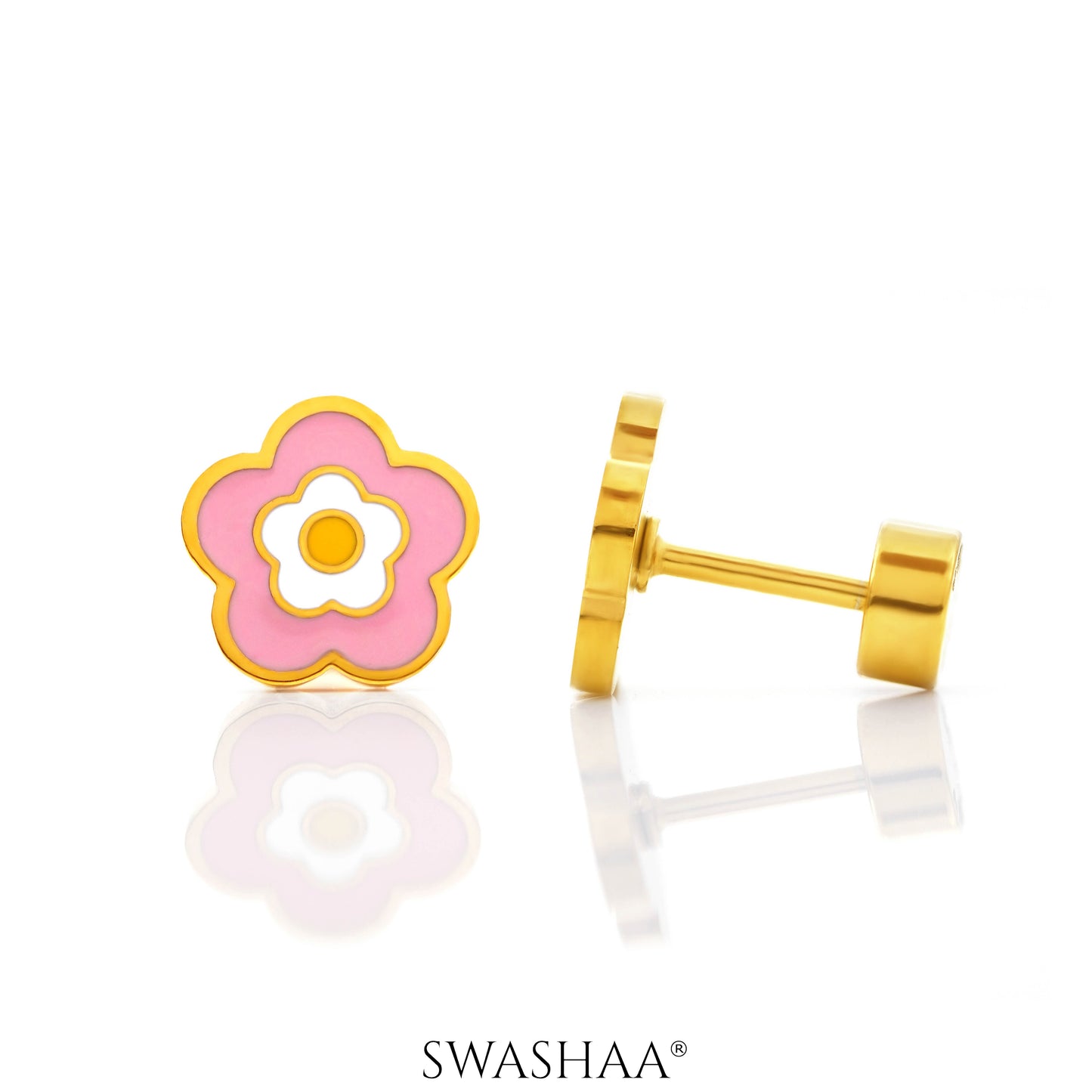 Blush Pink Flower Charm 18K Gold Plated Kid's Earrings