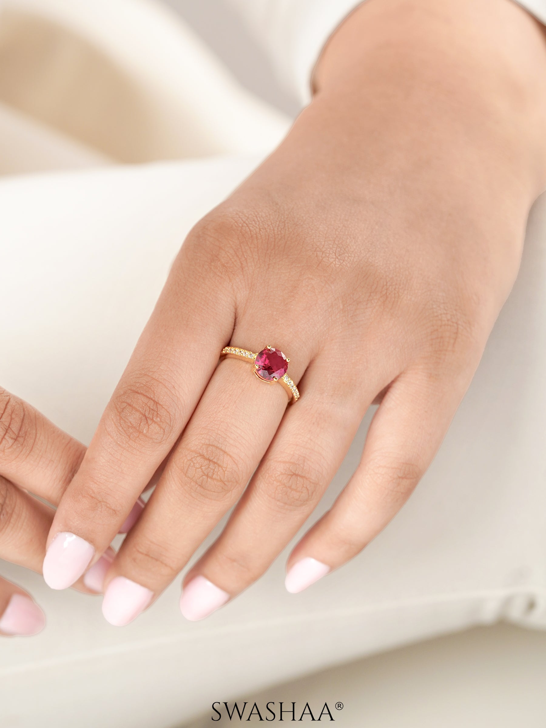 Blush Radiance Deep Pink  Diamond Solitaire 18K Gold Plated Ring
