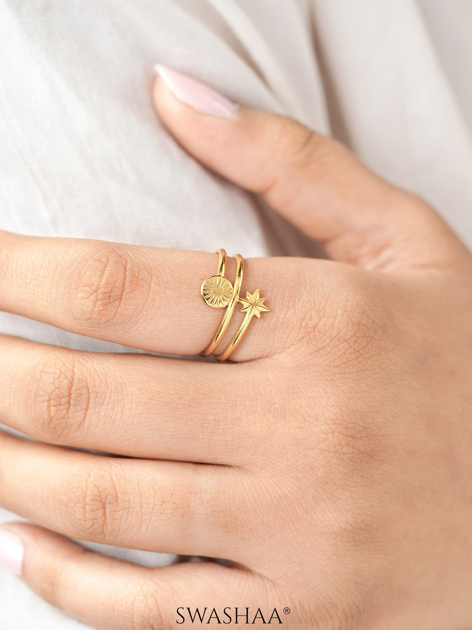 Bodhi Twin Band Sunburst Star Motif 18K Gold Plated Ring