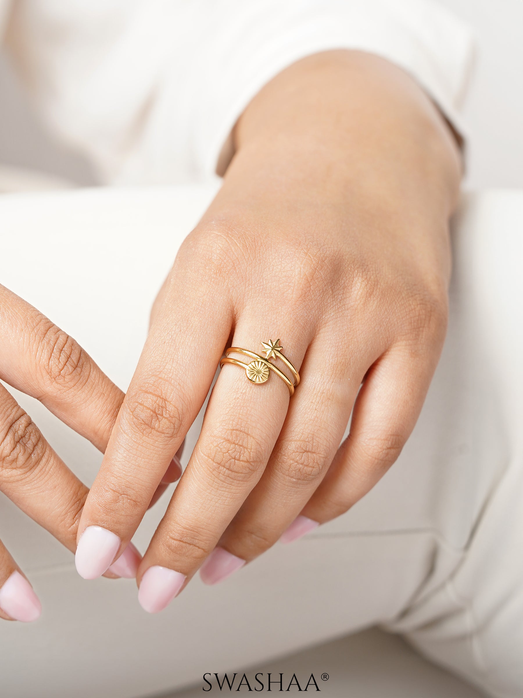 Bodhi Twin Band Sunburst Star Motif 18K Gold Plated Ring