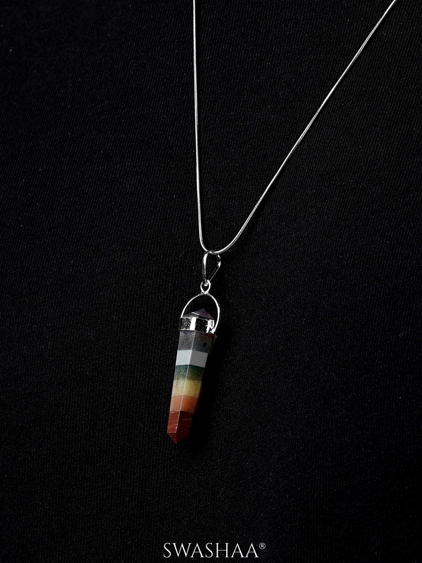 Bonded 7 Chakra Pencil Silver Men's Chain Pendant | Natural Stone