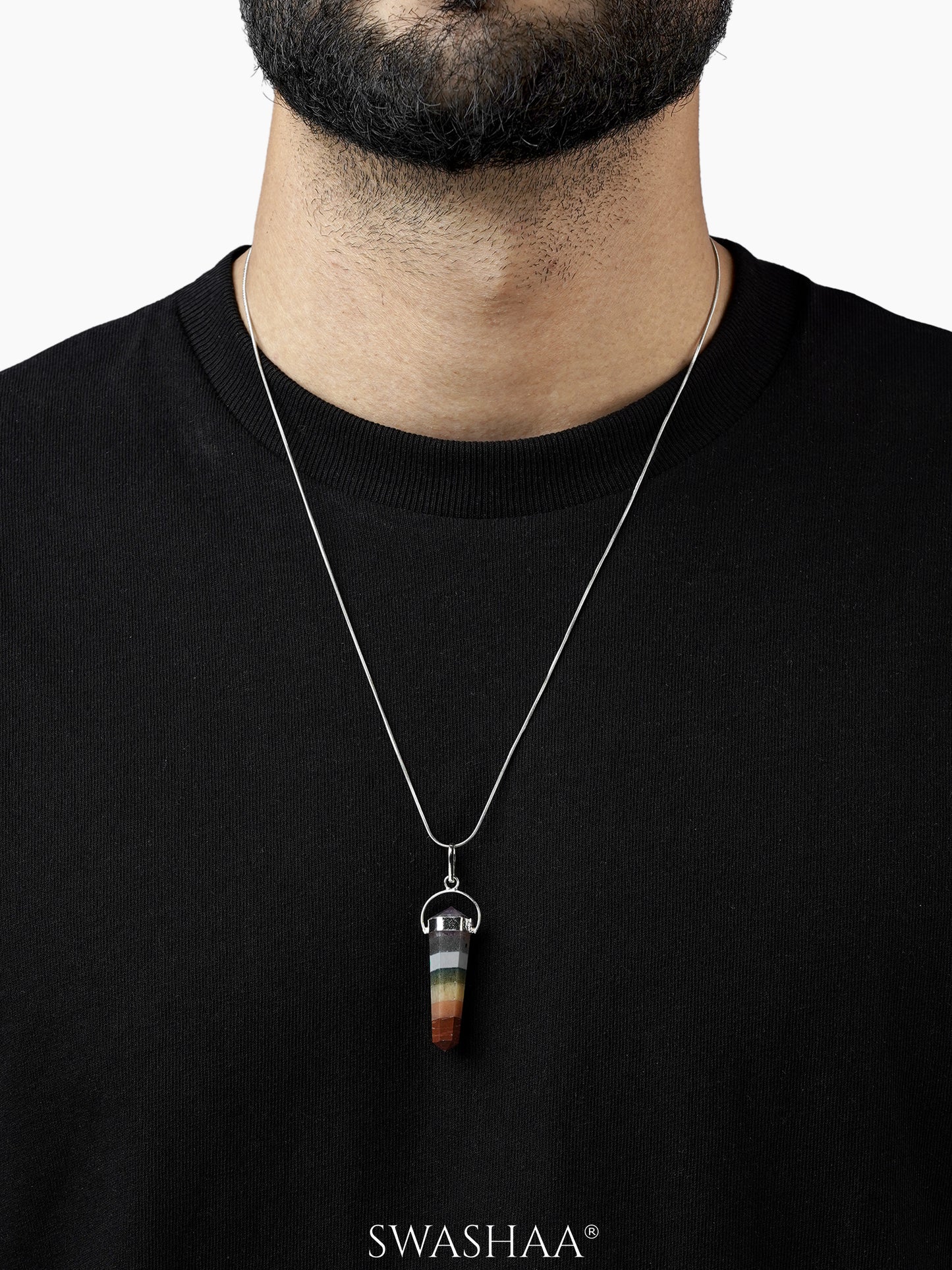 Bonded 7 Chakra Pencil Silver Men's Chain Pendant | Natural Stone