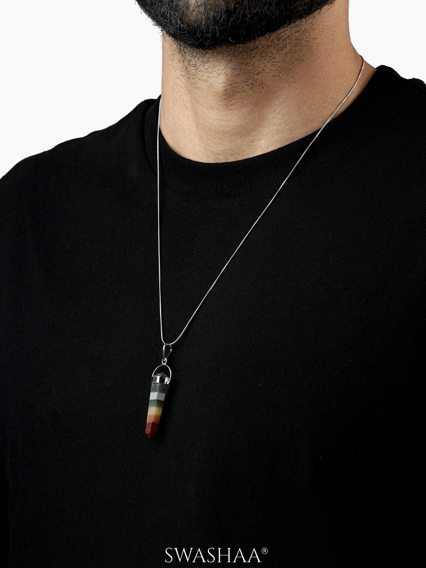 Bonded 7 Chakra Pencil Silver Men's Chain Pendant | Natural Stone