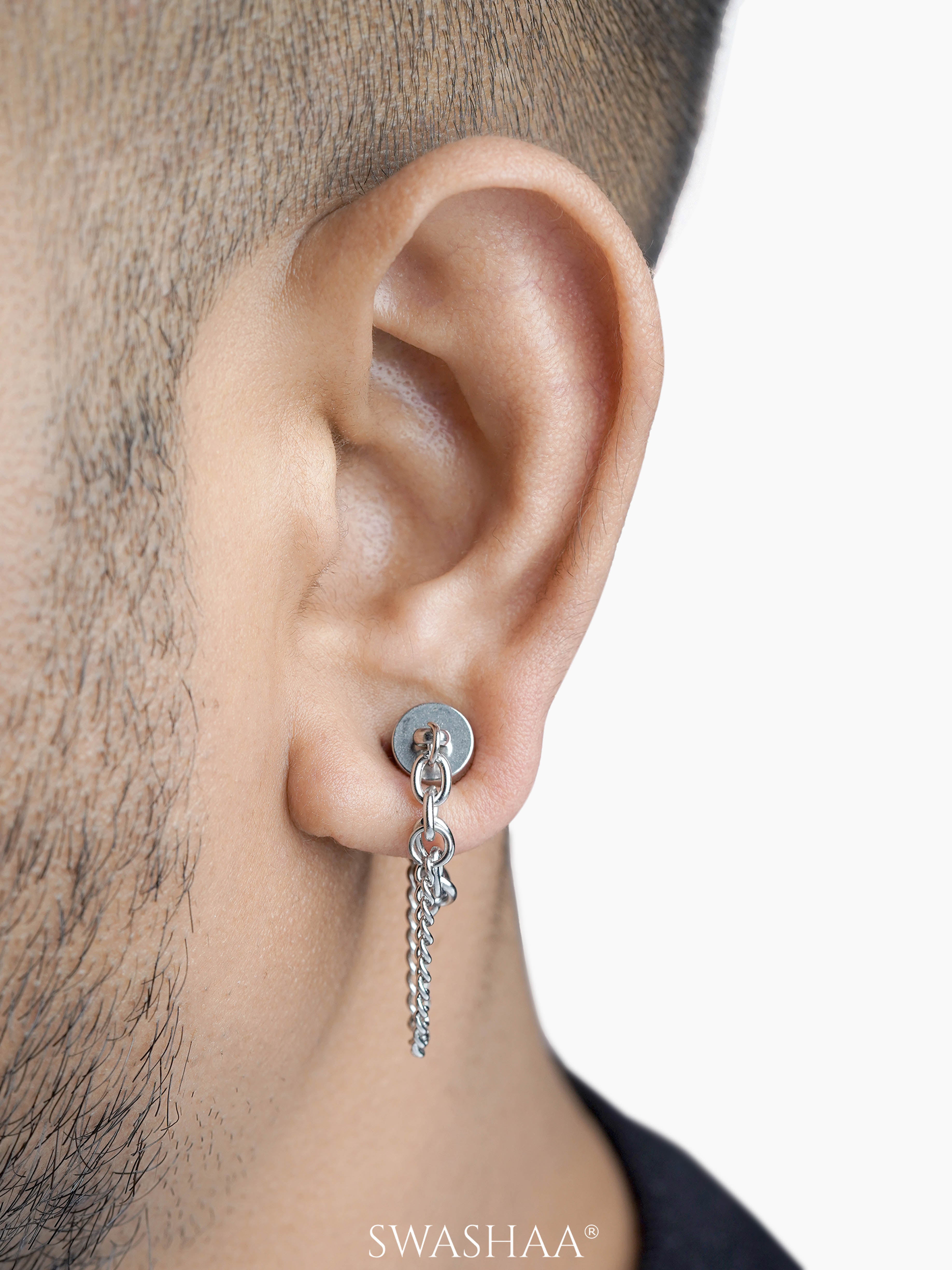 Brain Layered Silver Men's Dangling Chain Earrings