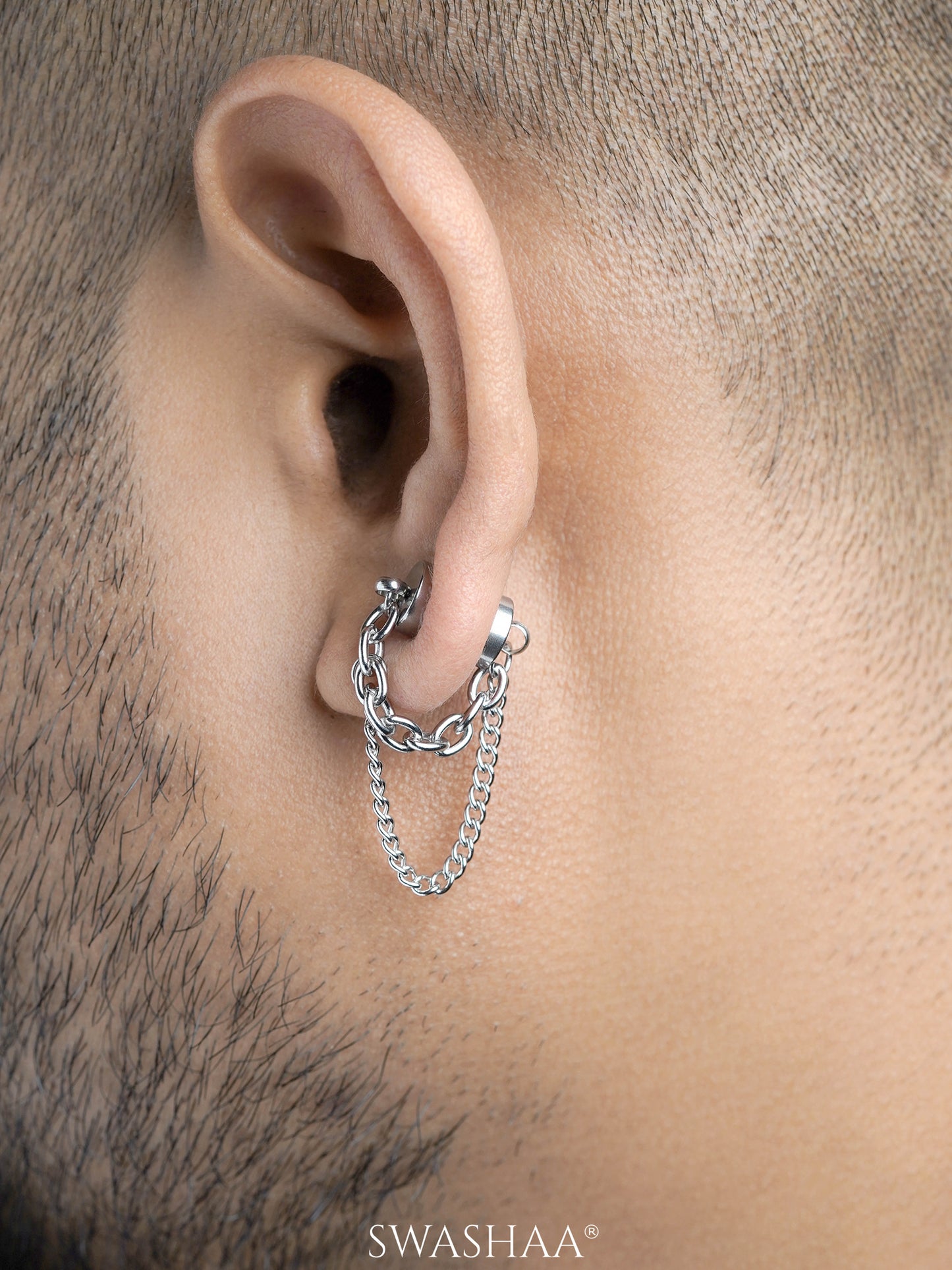 Brain Layered Silver Men's Dangling Chain Earrings