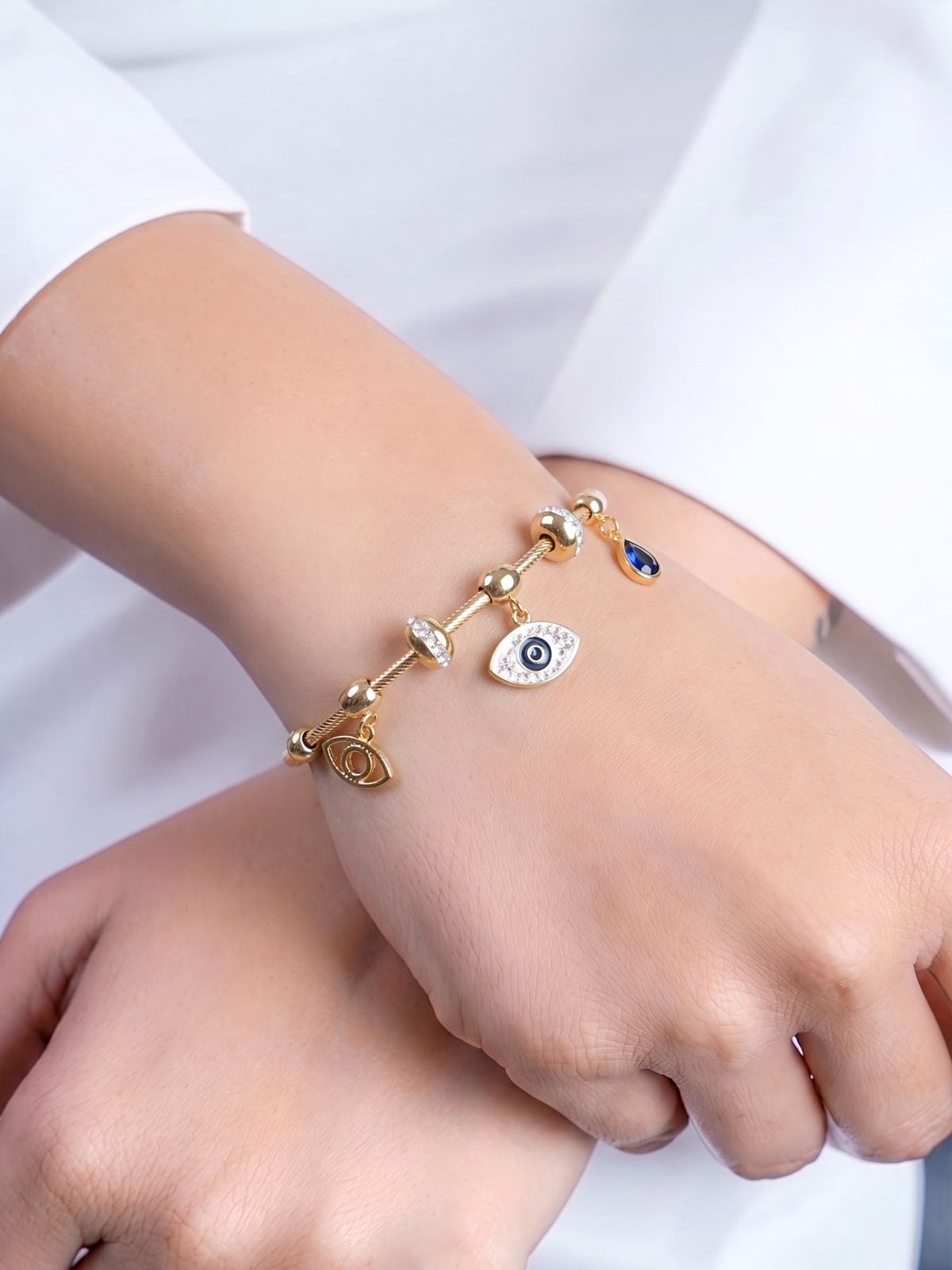 Briala Evil Eye Blue Diamond Eye Charms 18K Gold Plated Women's Solid Bracelet