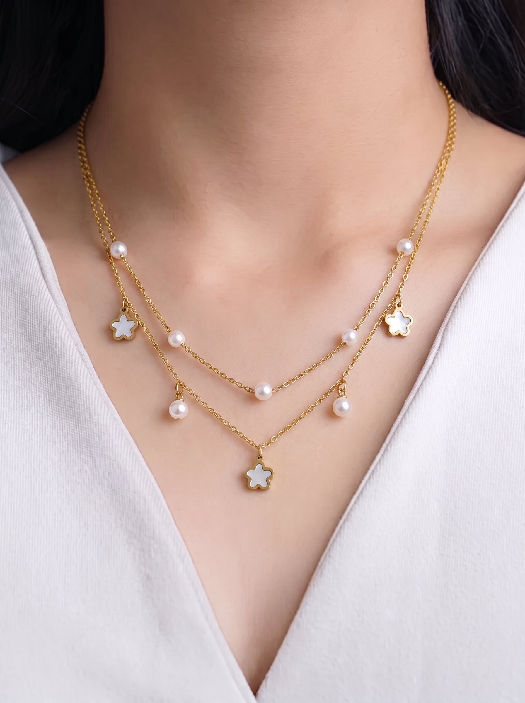 Briony Floral Pearl Charm 18K Gold Plated women's Layered Necklace
